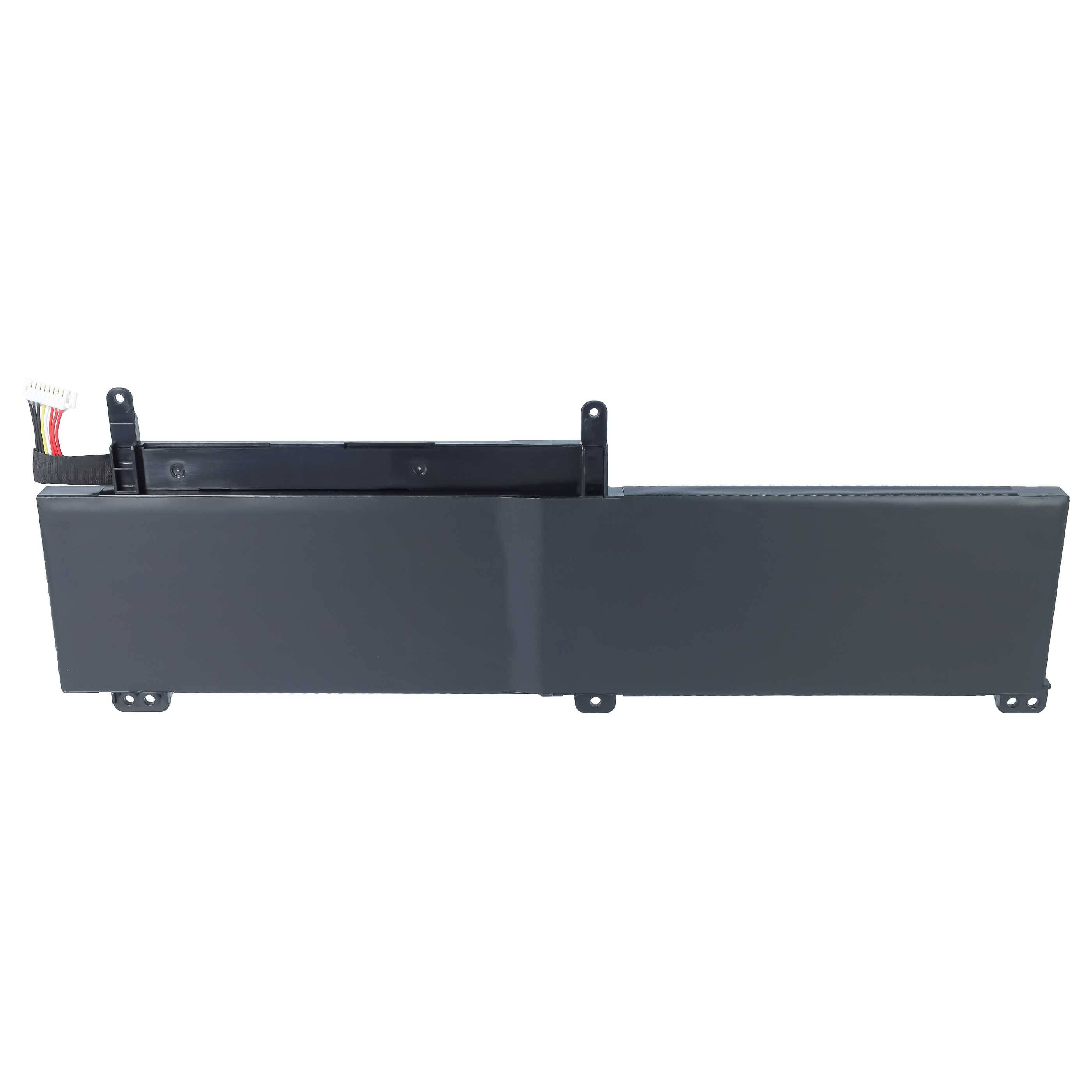 Schwarzes rechteckiges Batteriepaket mit länglicher Form, Befestigungslaschen und sichtbarem Steckverbinder am linken Ende.