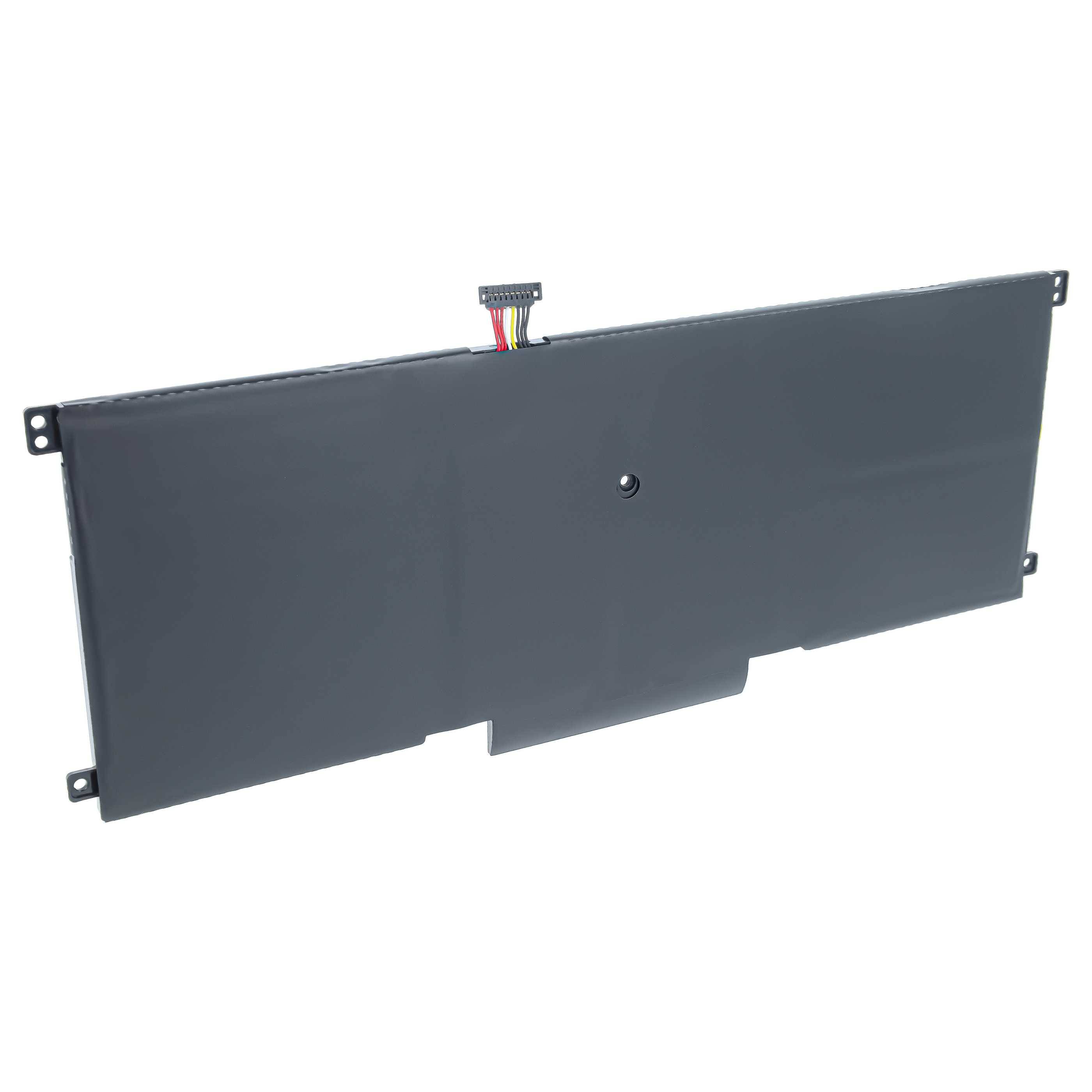 Schwarzes Laptop-Akkupaket mit Stecker und Befestigungslaschen auf weißem Hintergrund.