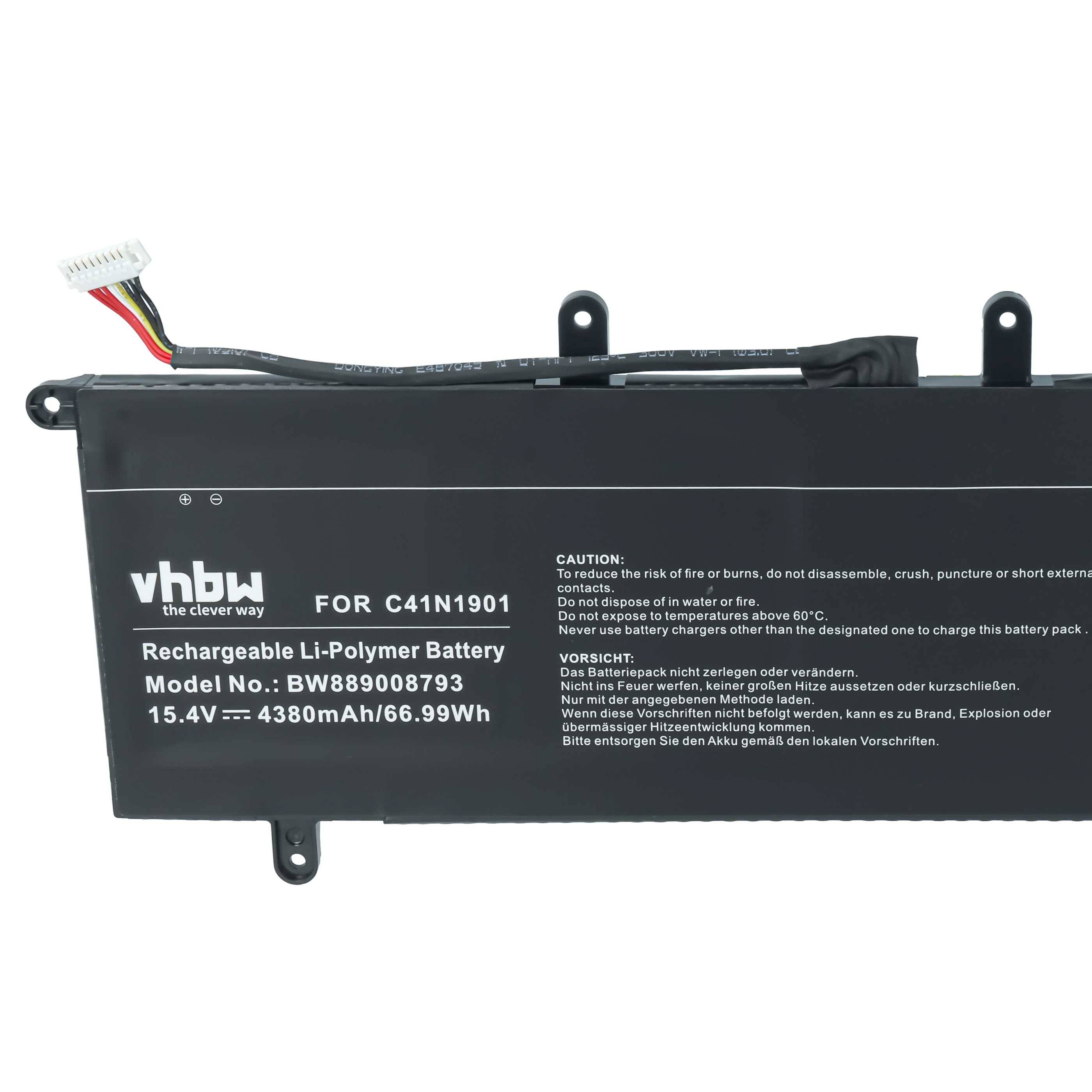 Schwarzes wiederaufladbares Li-Polymer-Laptop-Akku-Pack mit angebrachtem Kabel und Montagelaschen, gekennzeichnet mit „vhbw" und Modell C41N1901.