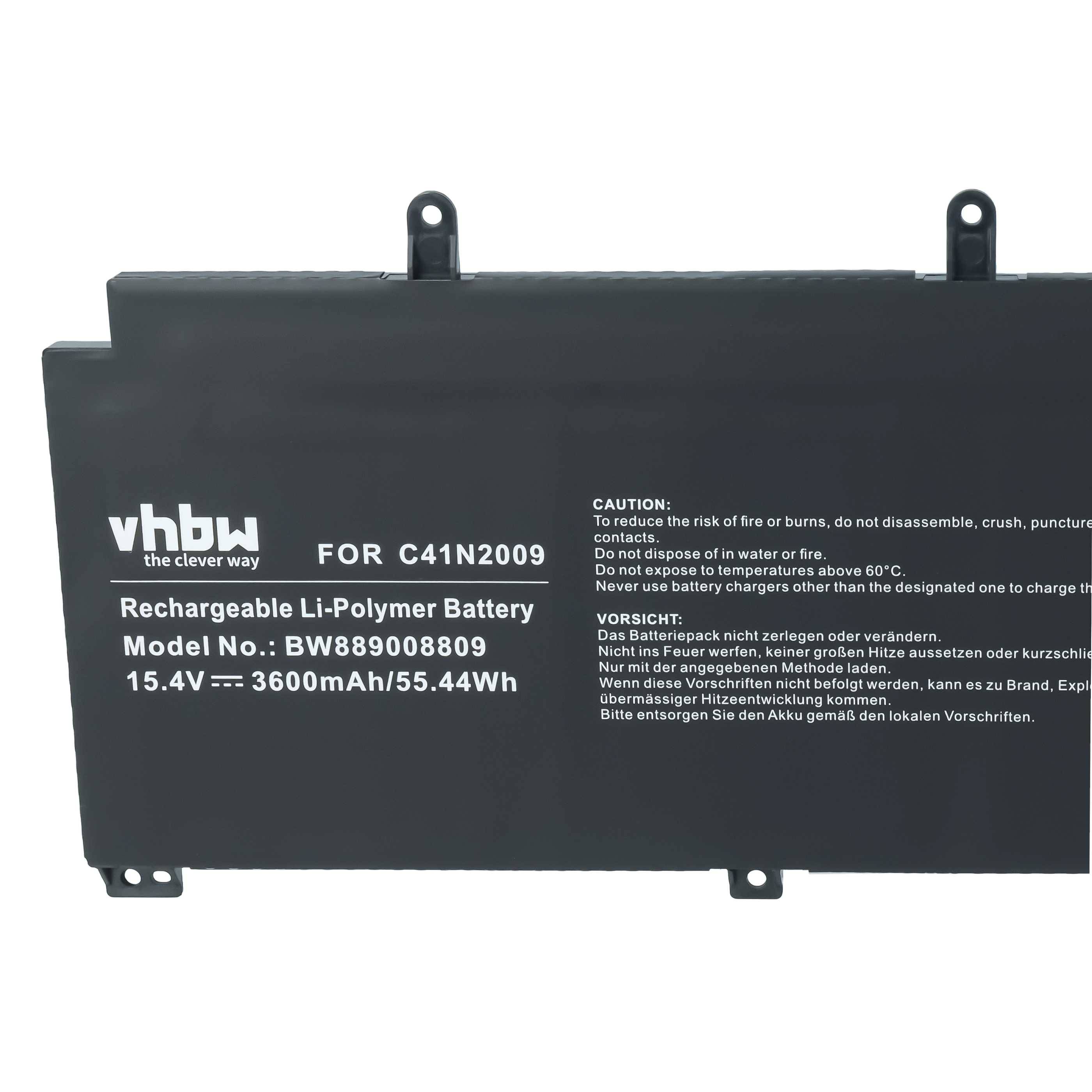 Schwarzer wiederaufladbarer Li-Polymer-Akku mit der Bezeichnung C41N2009, Modell WB89008809, 15,4V 3600mAh/55,44Wh.