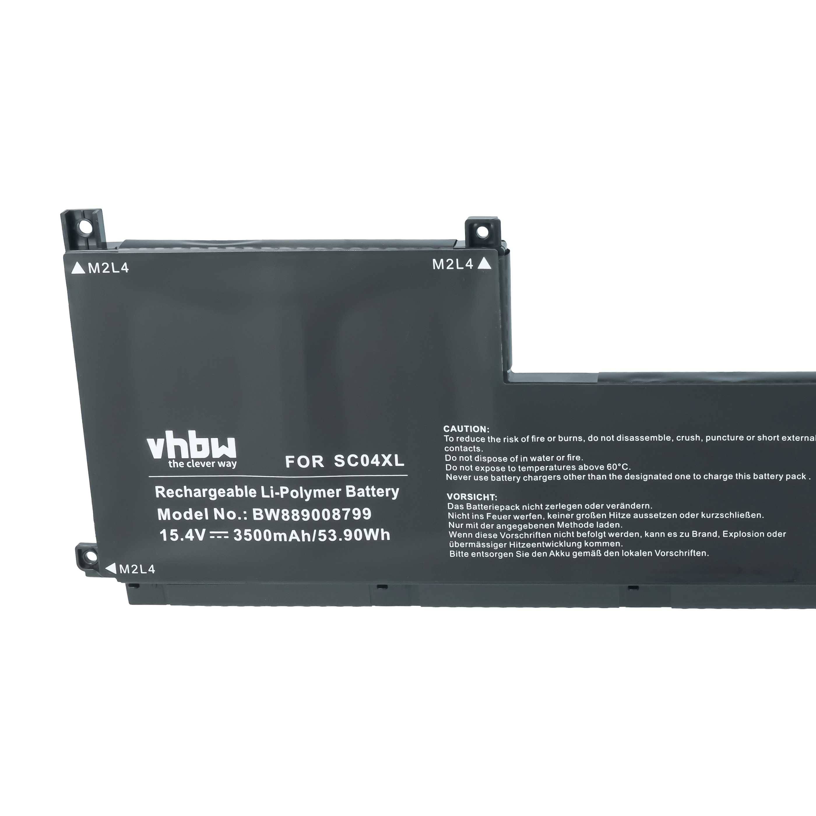 Schwarzer aufladbarer Li-Polymer-Laptop-Akku mit vhbw-Kennzeichnung für SC04XL, 15,4V 3500mAh/53,90Wh, mit Befestigungslaschen.