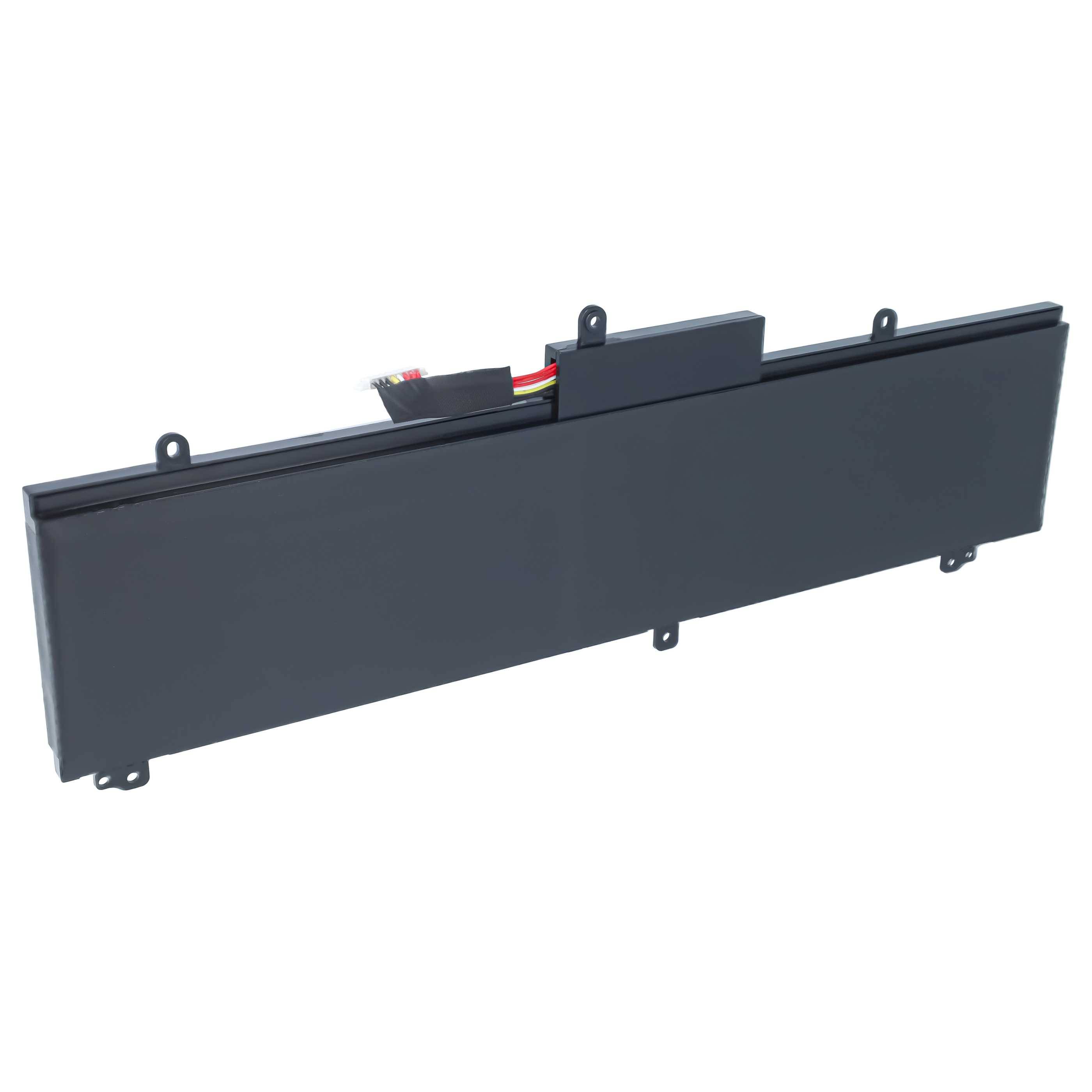 Schwarzes rechteckiges elektronisches Batteriepack mit Montagelaschen und sichtbaren Drähten auf weißem Hintergrund.