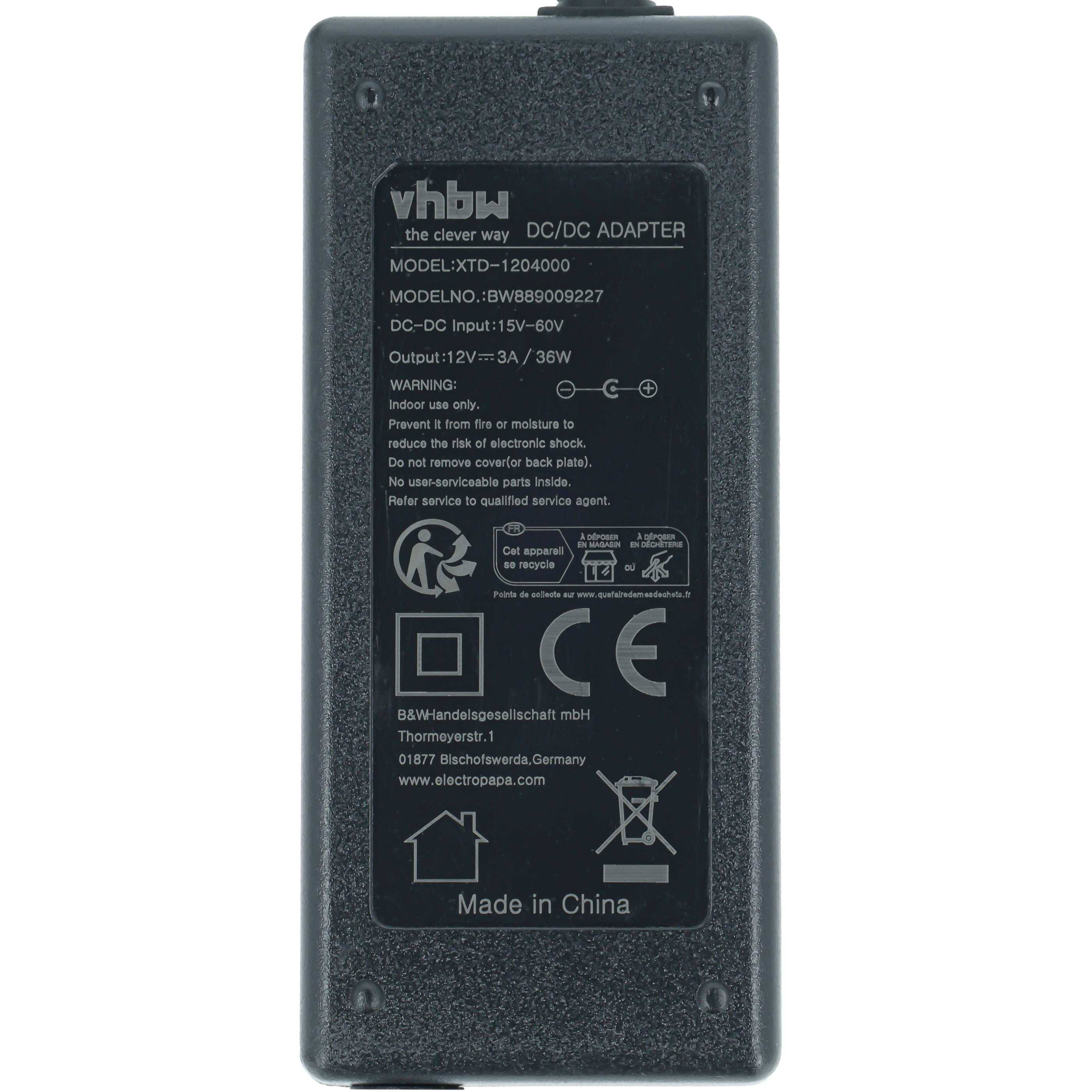 Schwarzer Vhbw DC/AC Stromadapter mit Etikett, das das Modell XTD-1204000 anzeigt, Eingang 15-60V DC, Ausgang 12V 3A/36W, hergestellt in China.