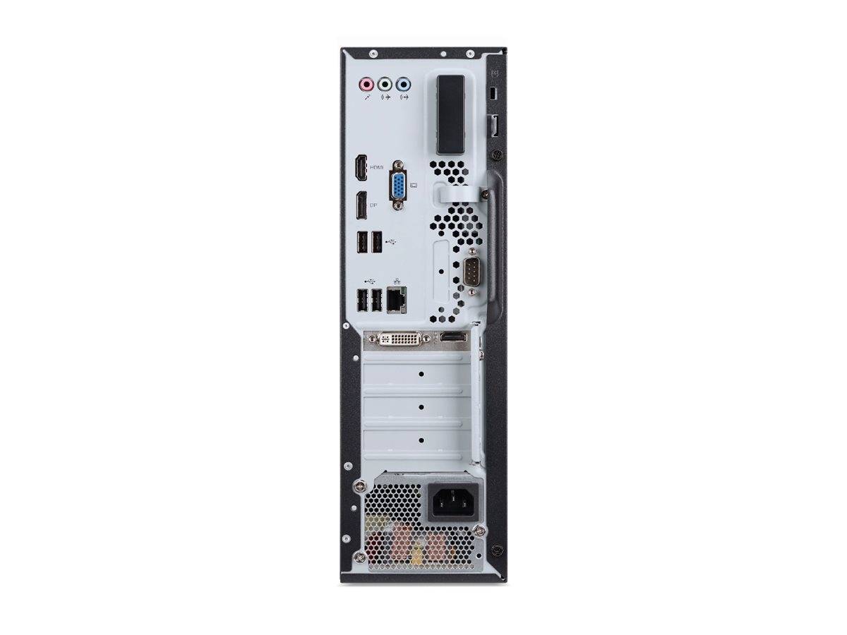 Rückseite eines Desktop-Computer-Towers mit Anschlüssen, Videoausgängen und Stromversorgungsbereich.