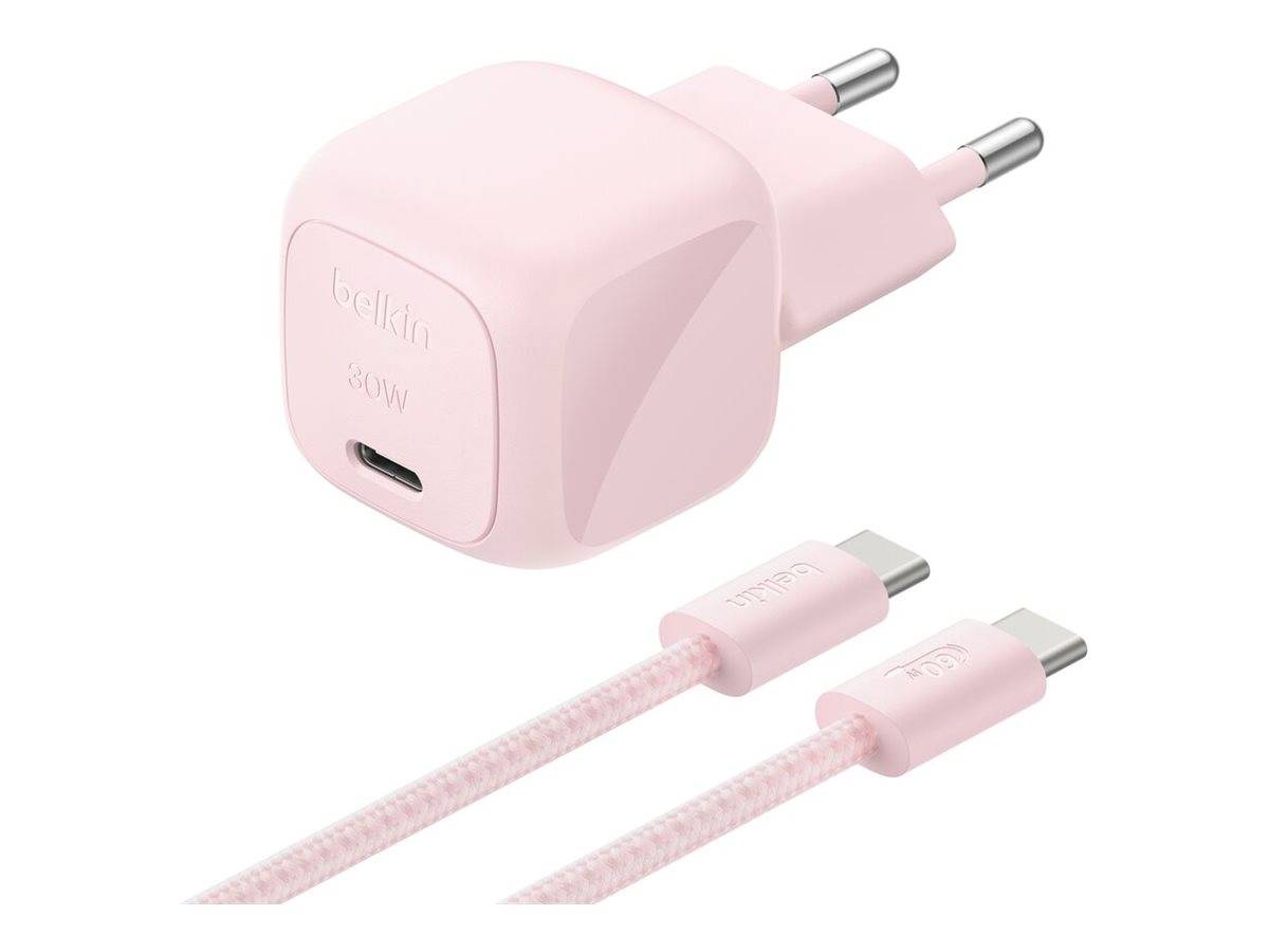 Rosa Belkin USB-C Wandladegerät mit zweipoliger Steckdose und passendem rosa USB-C-Kabel auf weißem Hintergrund.