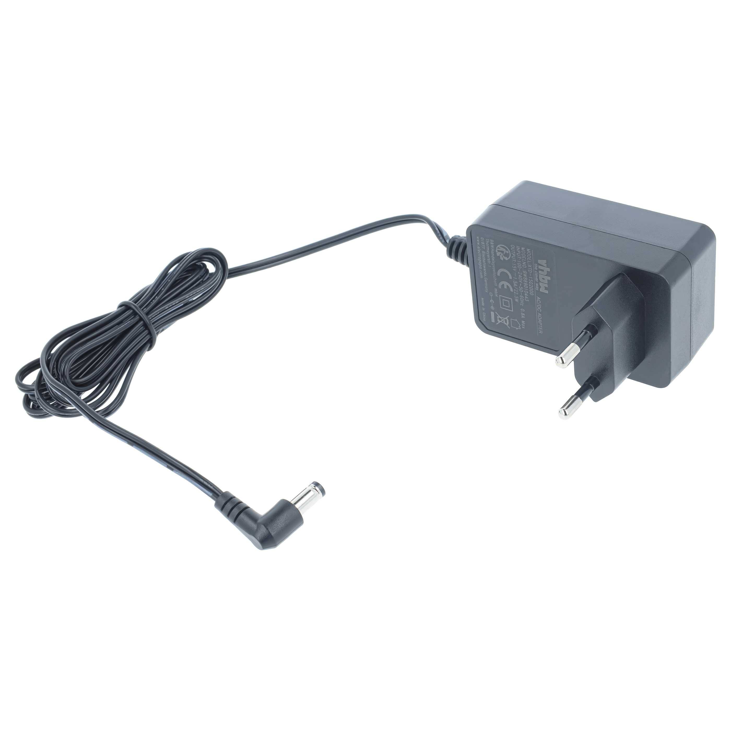 Schwarzer AC-Stromadapter mit gewickeltem Kabel und rechtwinkligem Zylinderstecker, gezeigt auf weißem Hintergrund.
