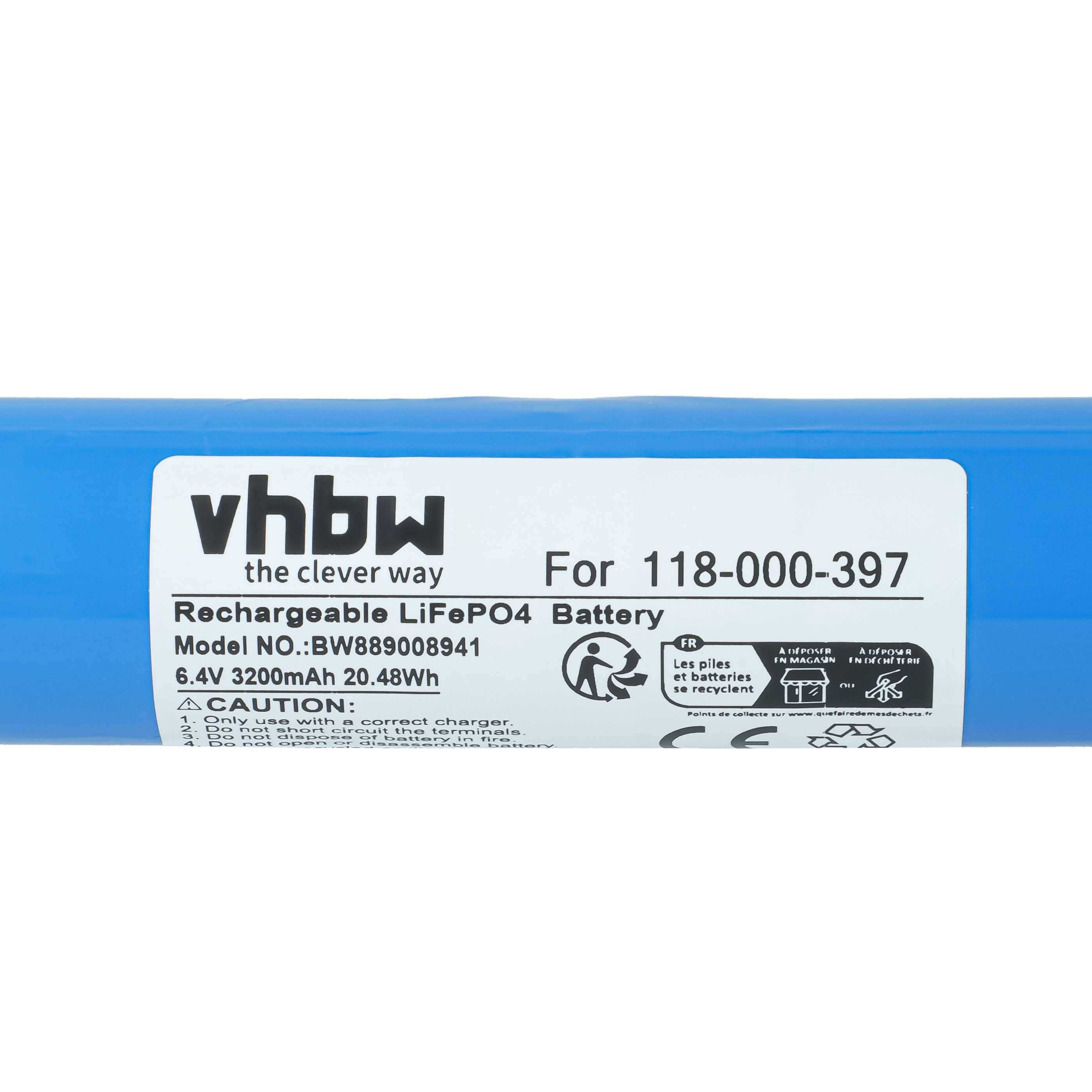 Blauettikett für wiederaufladbare LiFePO4-Batterie mit vhbw-Branding, Modell BW889008941, 6,4V 3200mAh 20,48Wh und Recycling-Symbolen.