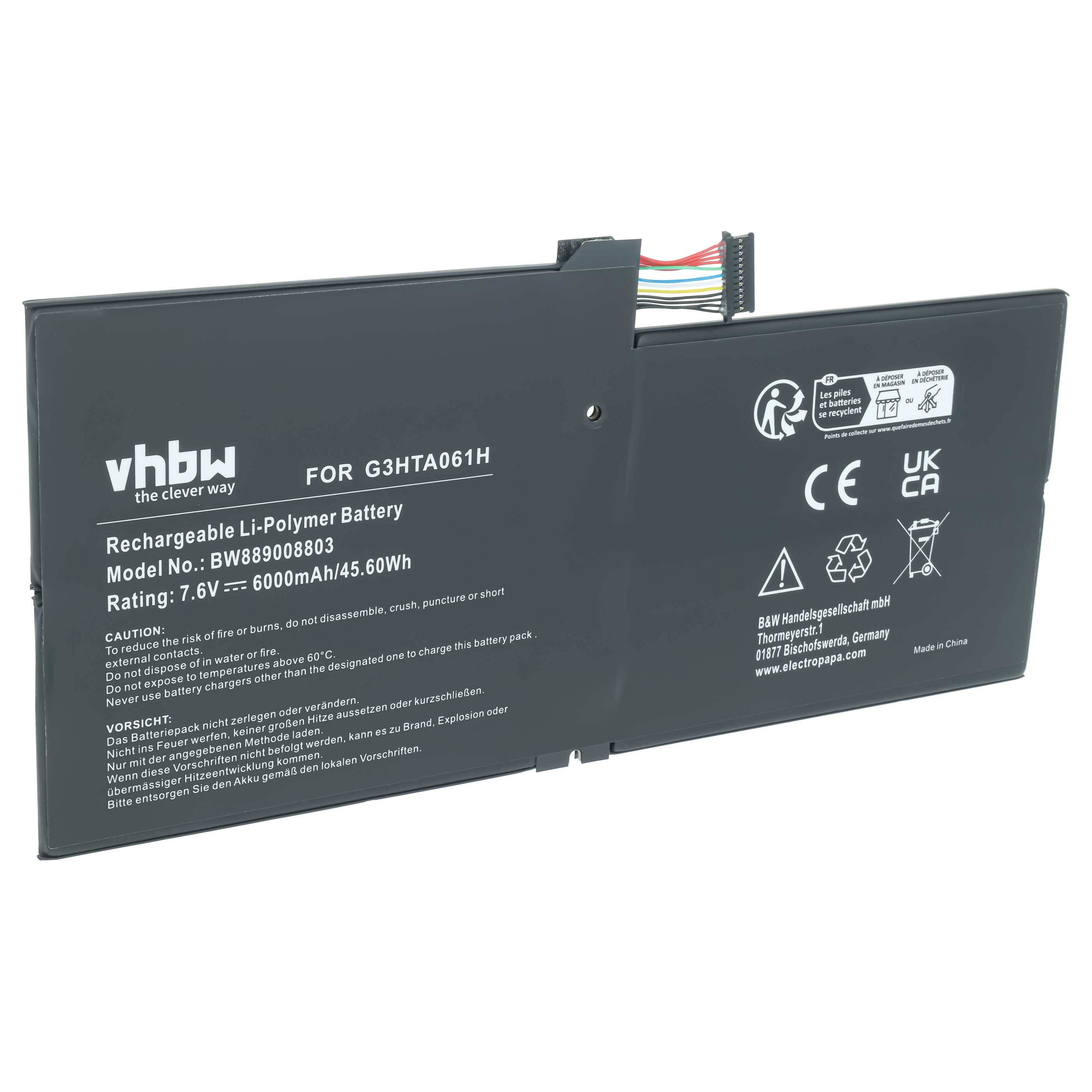 Schwarzer wiederaufladbarer Li-Polymer-Laptop-Akkupack mit Verbindungskabeln, gekennzeichnet mit vhbw, Modell BW889008830, 7,6V 6000mAh 45,60Wh.