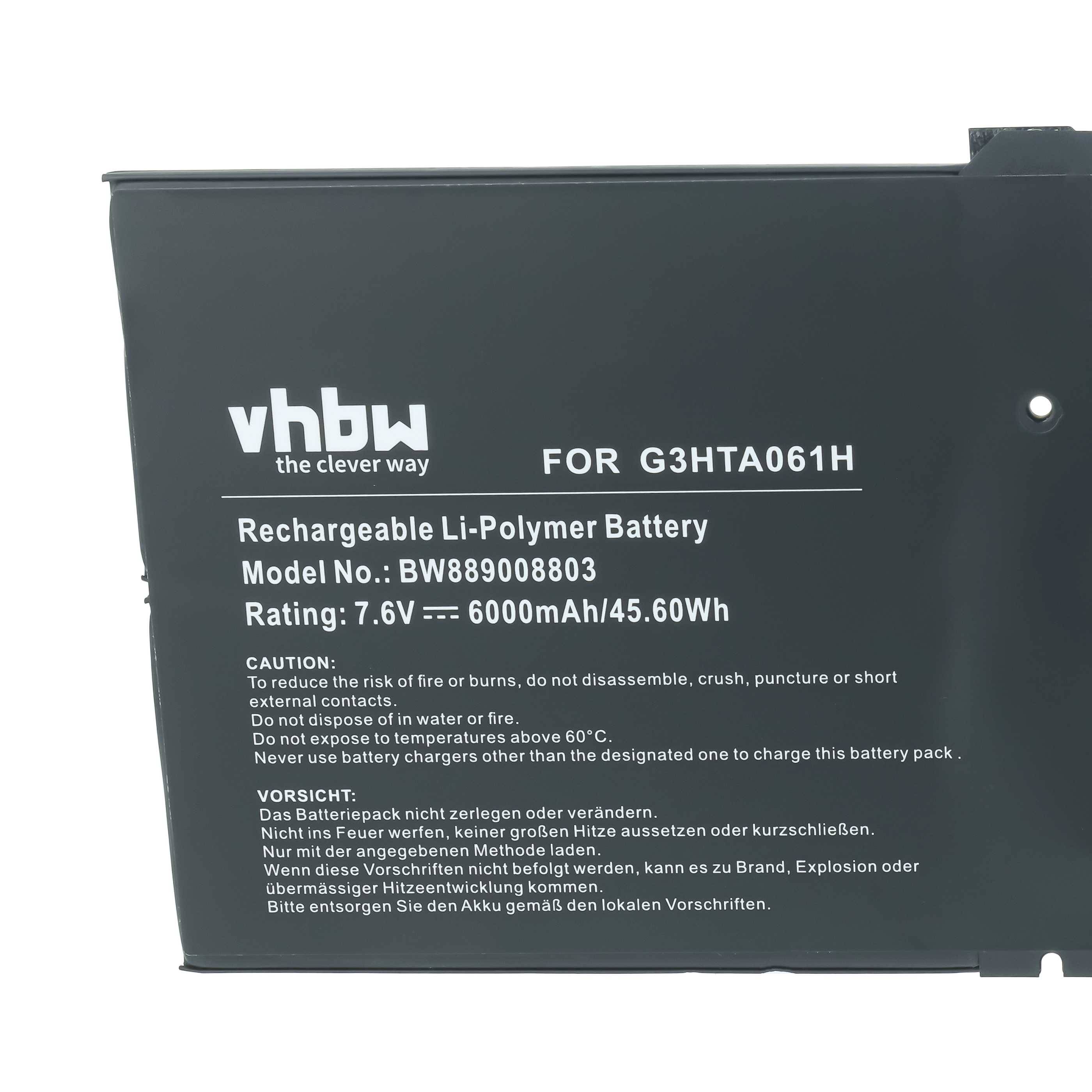 Schwarzer wiederaufladbarer Li-Polymer-Akku mit der Bezeichnung „vhbw" für G3HTA061H, Modell BW889008803, Nennleistung 7,6V 6000mAh/45,60Wh.