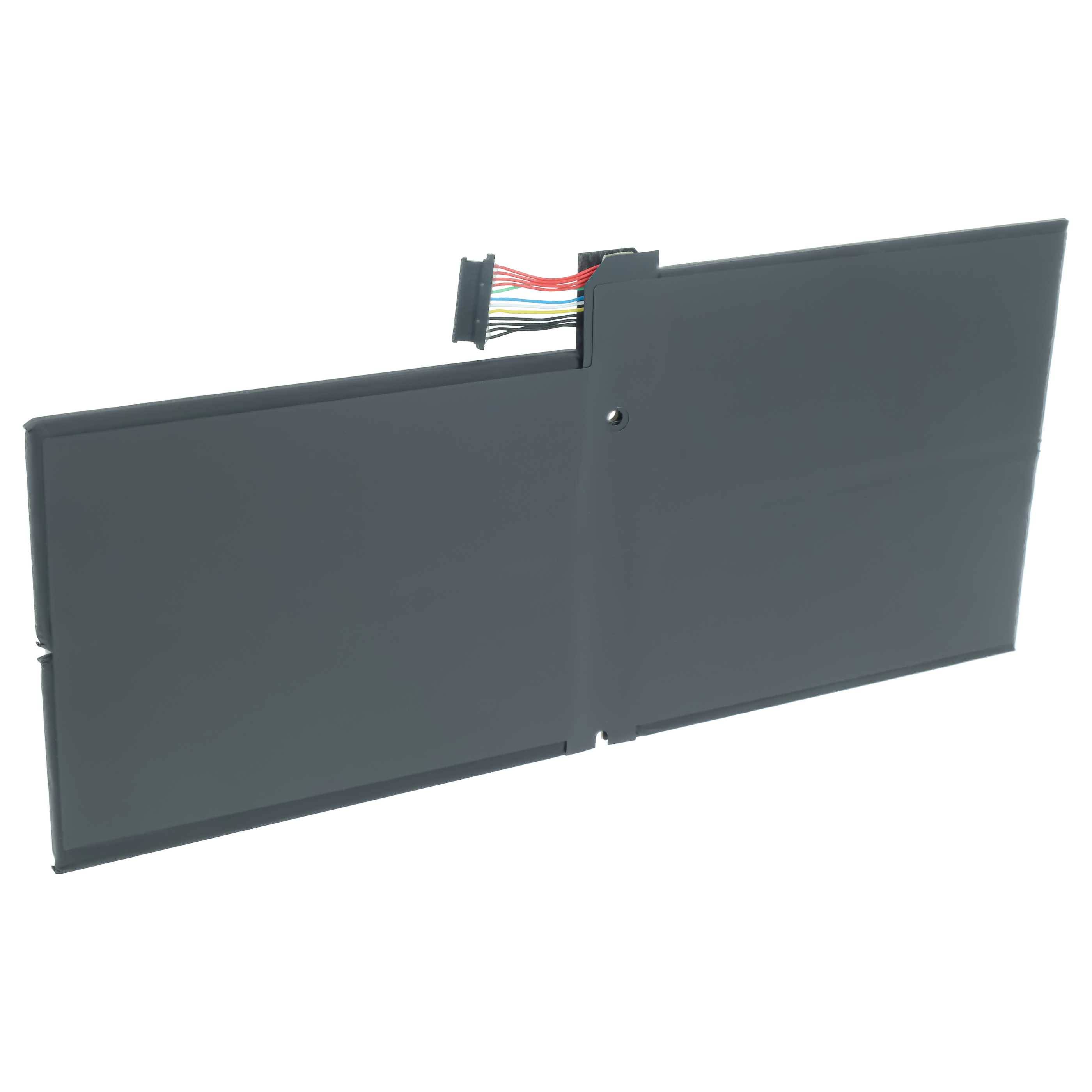 Dunkles rechteckiges Batteriepak mit zwei verbundenen Paneelen und einem kleinen mehrfarbigen Steckverbinder oben.
