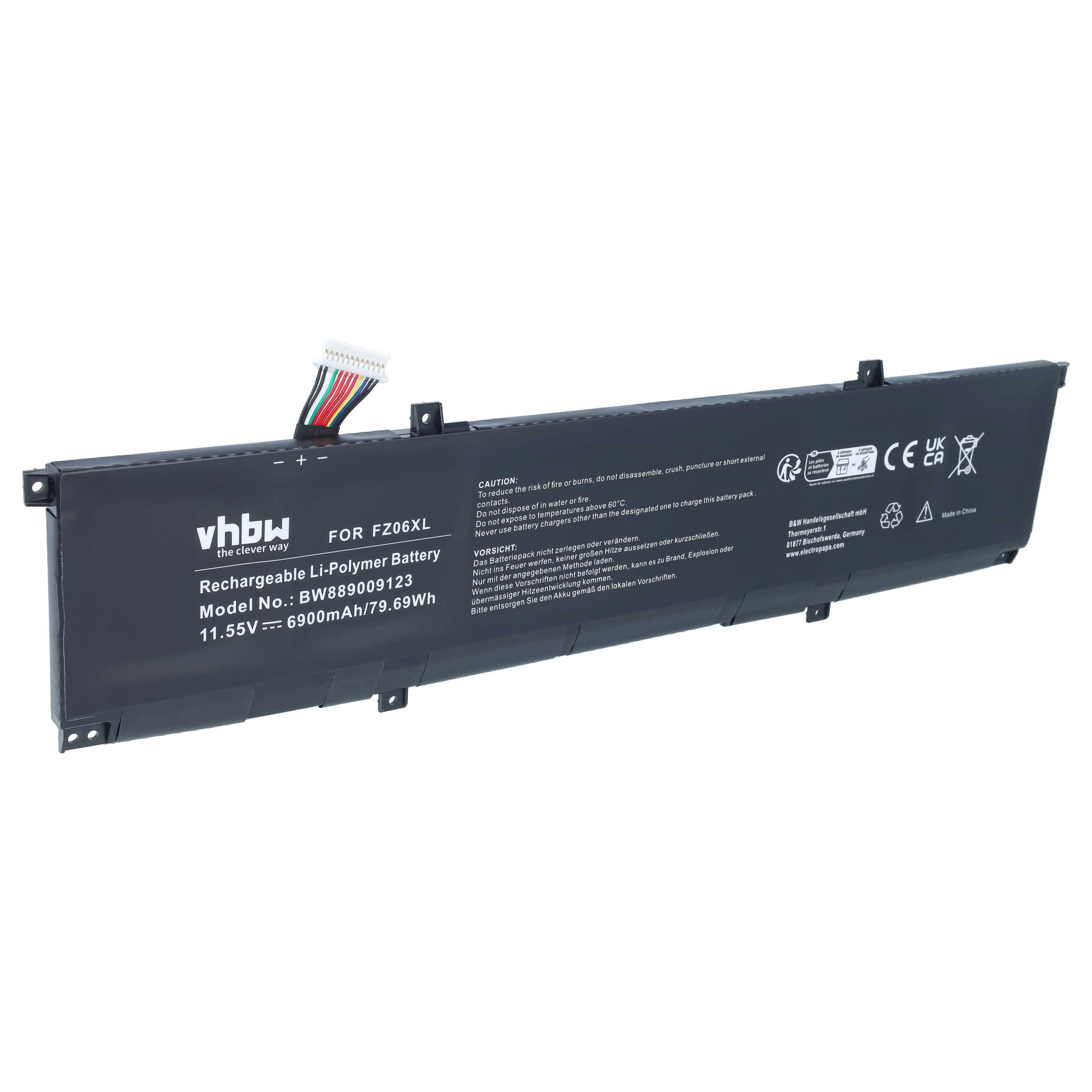 Schwarzes wiederaufladbares Li-Polymer-Akkupack mit freiliegenden Anschlussdrähten, gekennzeichnet für FZ06XL und 11,55V 6900mAh/79,69Wh.