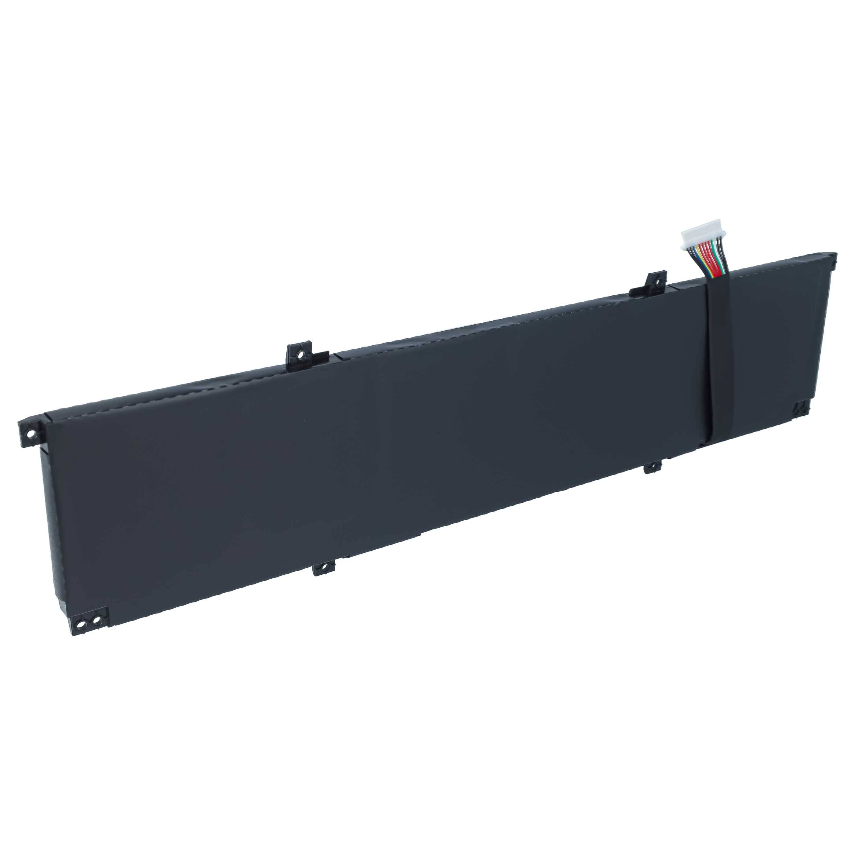 Schwarzes rechteckiges Batteriepack mit Montagelaschen und mehrfarbigem Steckverbinder auf weißem Hintergrund.