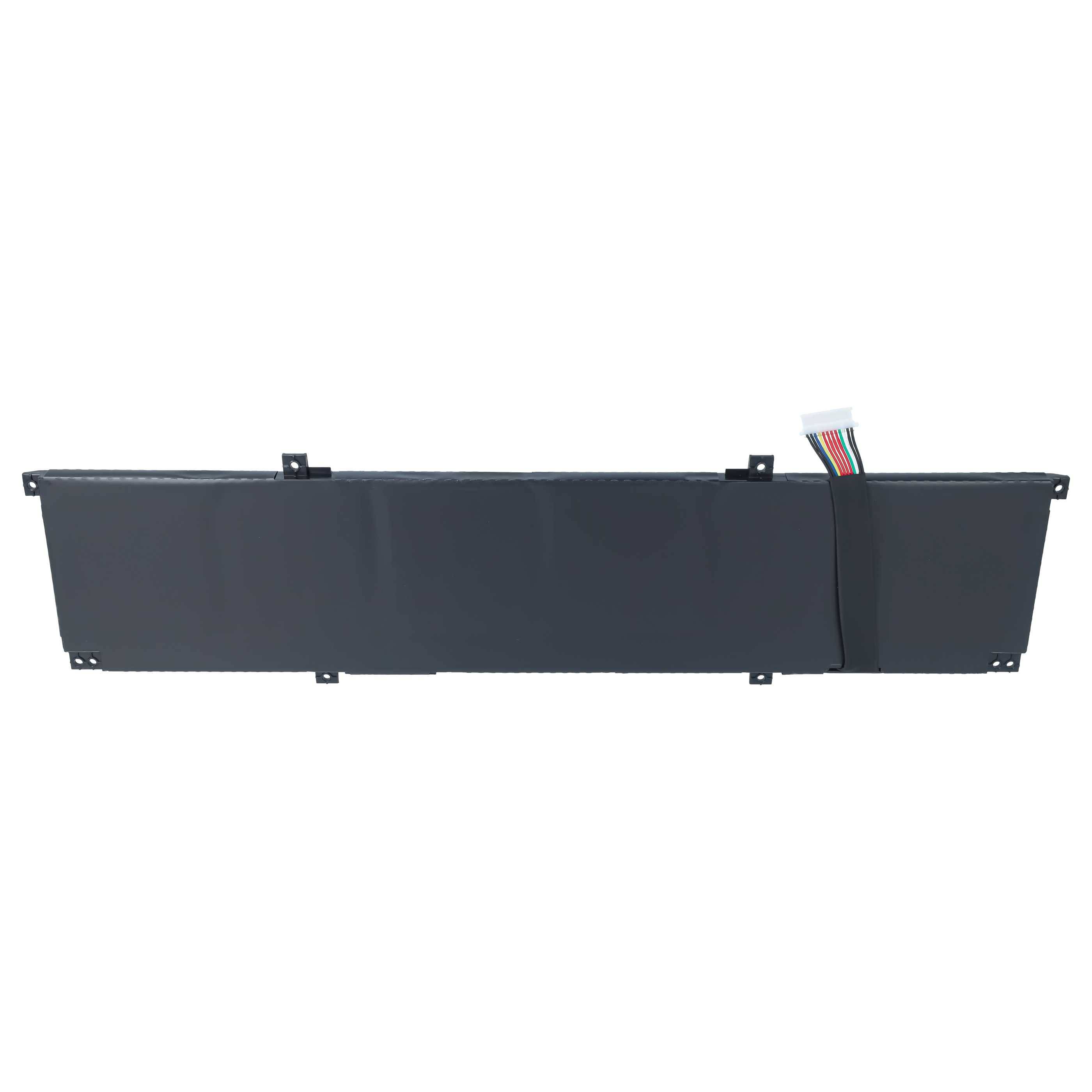 Langes schwarzes rechteckiges Batteriepack mit Montagelaschen und einem mehrfarbigen Steckverbinder auf weißem Hintergrund.