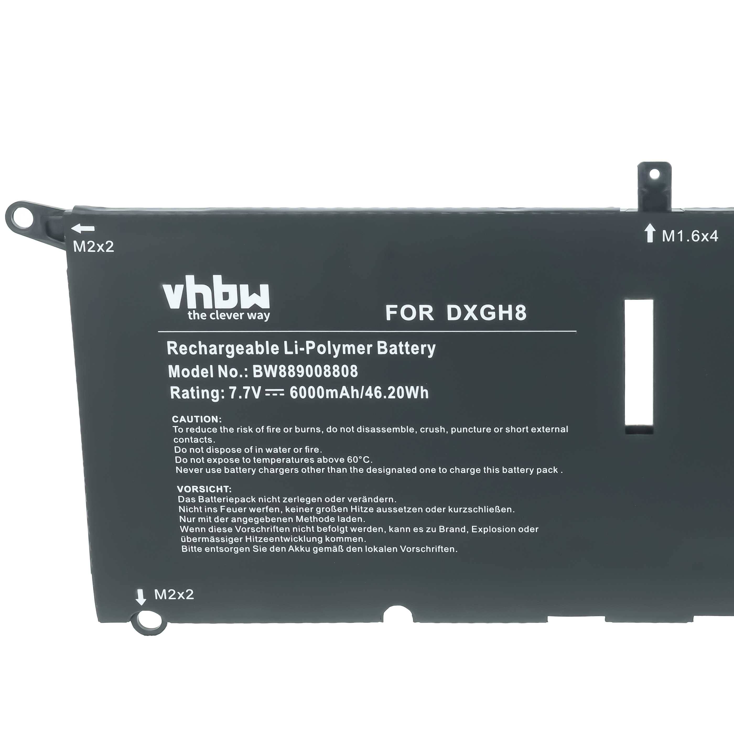 Schwarzer wiederaufladbarer Li-Polymer-Akkupack mit der Bezeichnung „vhbw" für DXGH8, 7,7V 6000mAh/46,20Wh, mit Befestigungslaschen und Steckverbinderausschnitt.