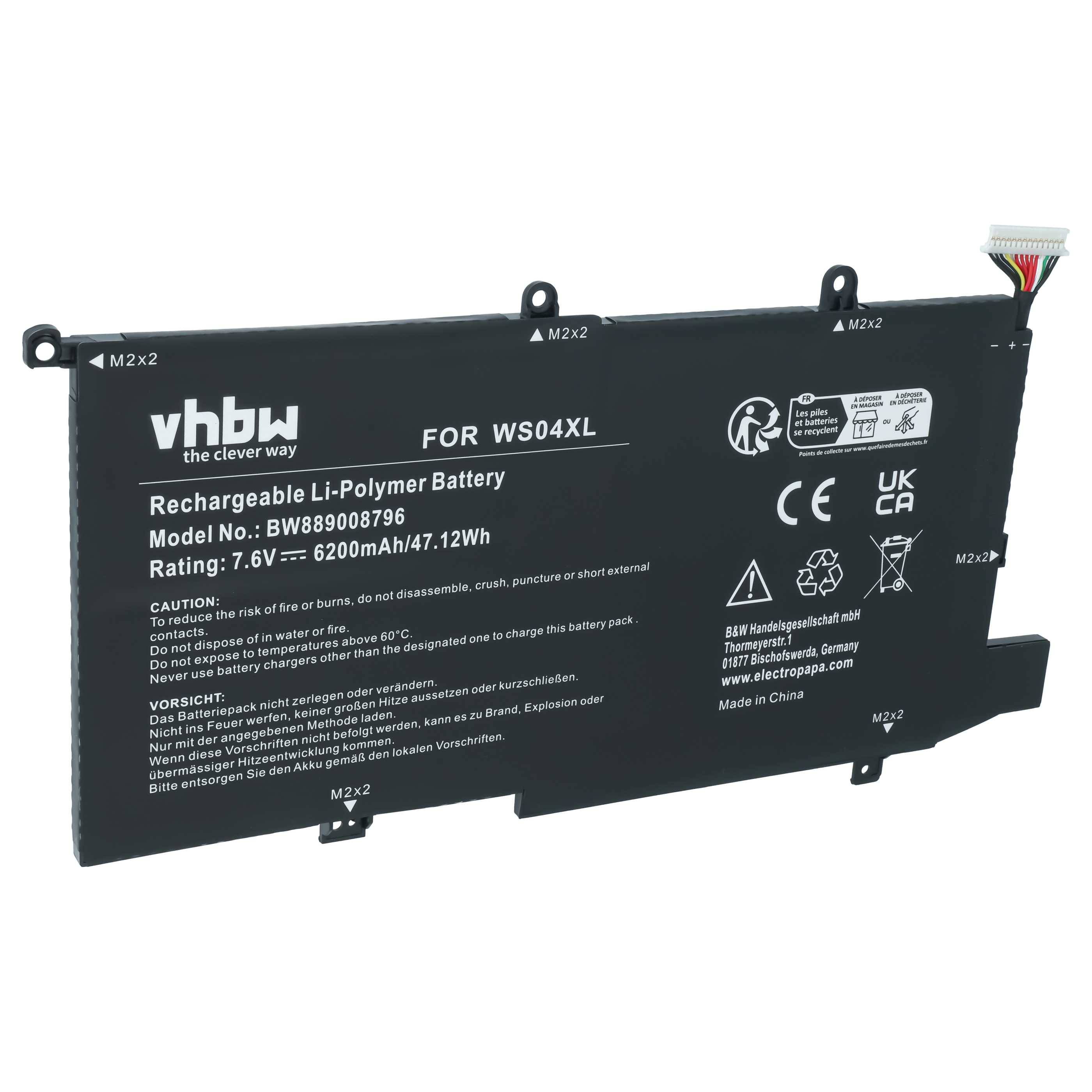 Black vhbw wiederaufladbare Li-Polymer-Batterie für WS04XL Laptop, mit Etikett 7,6V 6200mAh/47,12Wh mit angeschlossenem Stecker.
