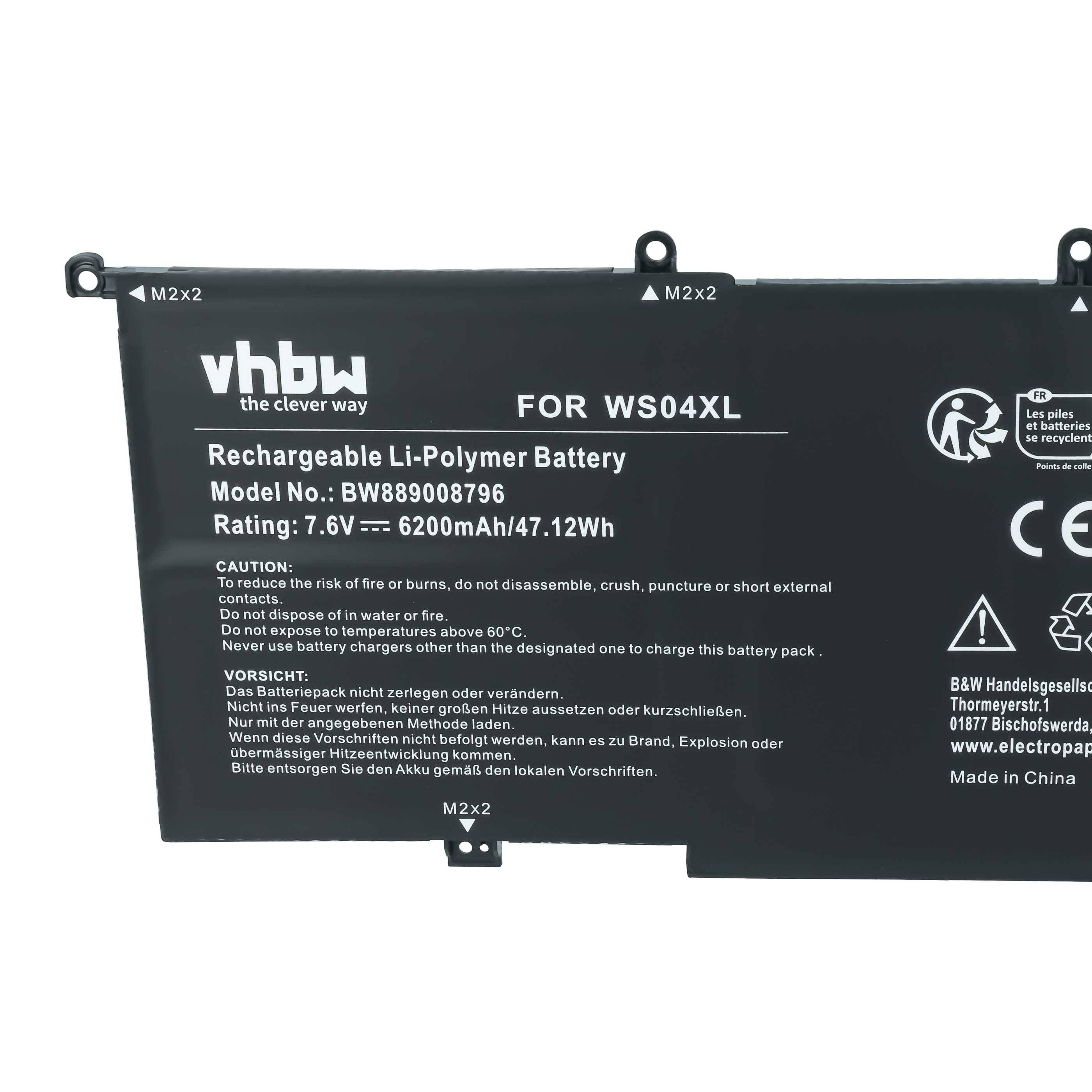Schwarze vhbw aufladbare Li-Polymer-Batterie mit der Bezeichnung FOR WS04XL, Modell BW889008796, 7,6V 6200mAh/47,12Wh, mit Sicherheitswarnungen und Zertifizierungszeichen.