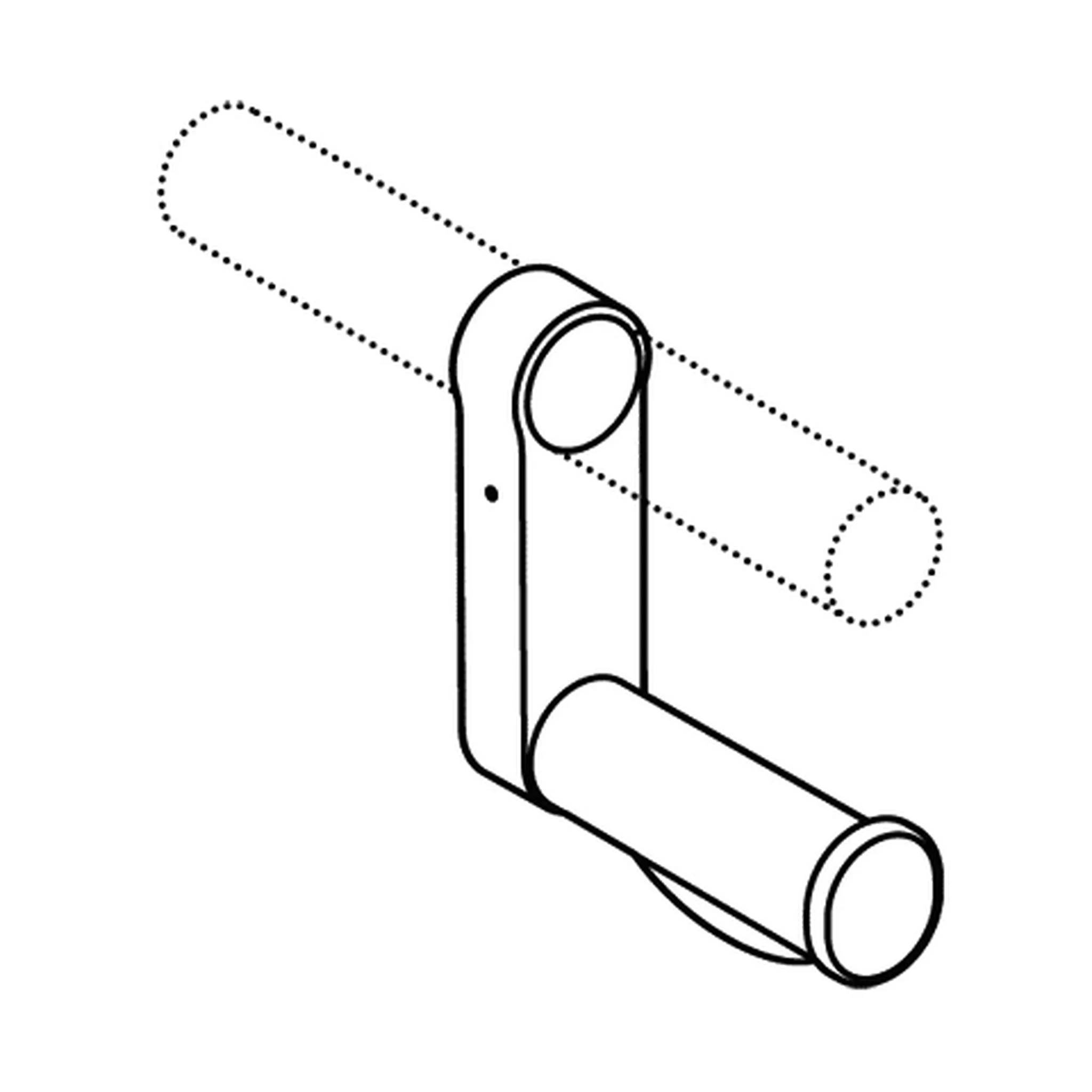 Technische Strichzeichnung eines Scharniers oder einer Schwenkarme mit zwei zylindrischen Enden, dargestellt entlang einer gestrichelten diagonalen Rotationsachse ausgerichtet.
