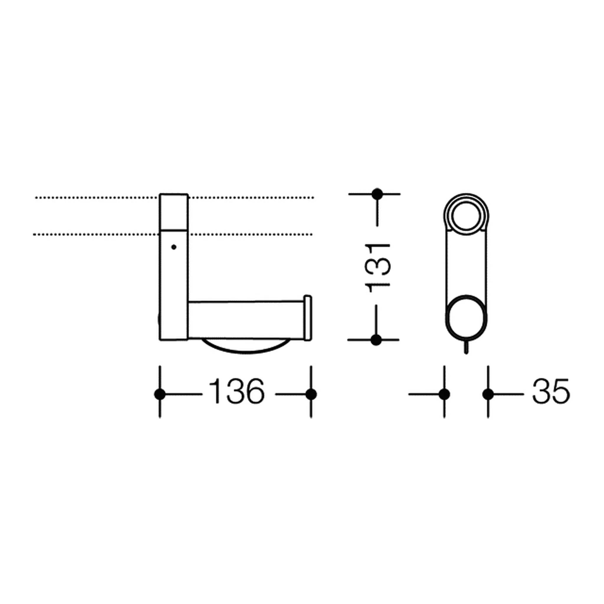 Technische Linienzeichnung einer Toilettenpapierhalterung mit Seiten- und Vorderansicht mit den Abmessungen 136 mm breit, 131 mm hoch und 35 mm tief.