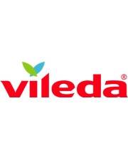 Vileda-Logo in rotem Kleinbuchstaben-Text mit einem grünen und blauen Blatt-Icon über dem i