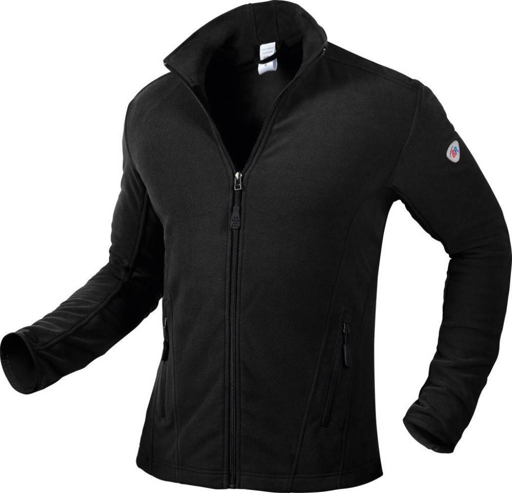 Schwarze Reißverschlussjacke mit hohem Kragen, langen Ärmeln und Seitentaschen auf einem schlichten weißen Hintergrund.
