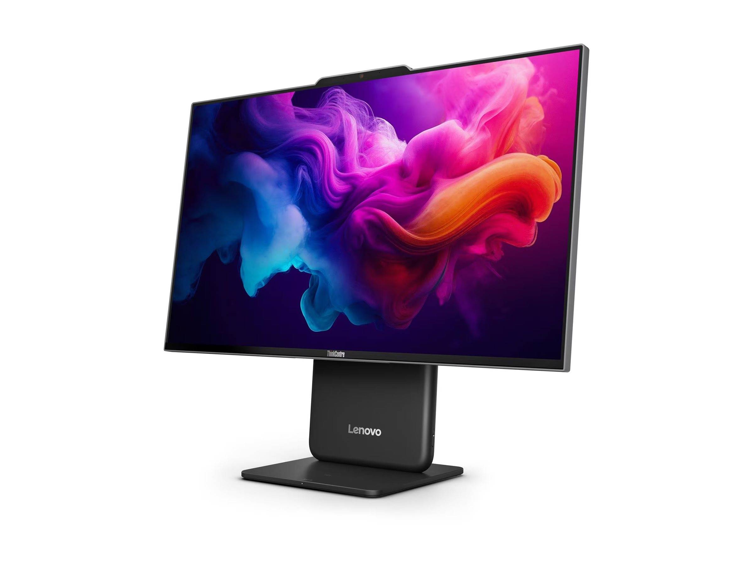 Lenovo-Desktopmonitor auf einem Ständer, der ein buntes abstraktes Wirbel-Hintergrundbild auf weißem Hintergrund anzeigt.