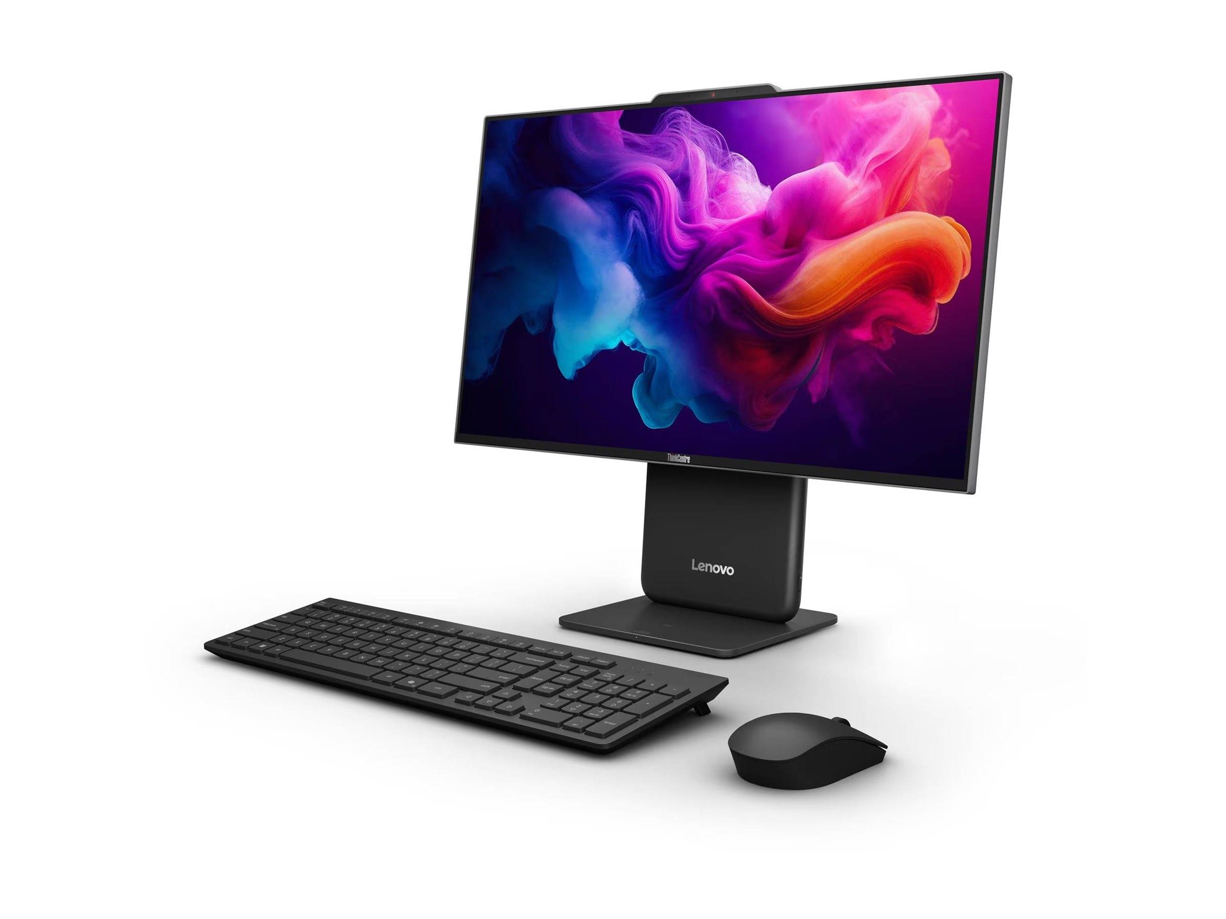 Lenovo All-in-One-Desktop-Computer mit Breitbildmonitor, Tastatur und Maus auf weißem Hintergrund.