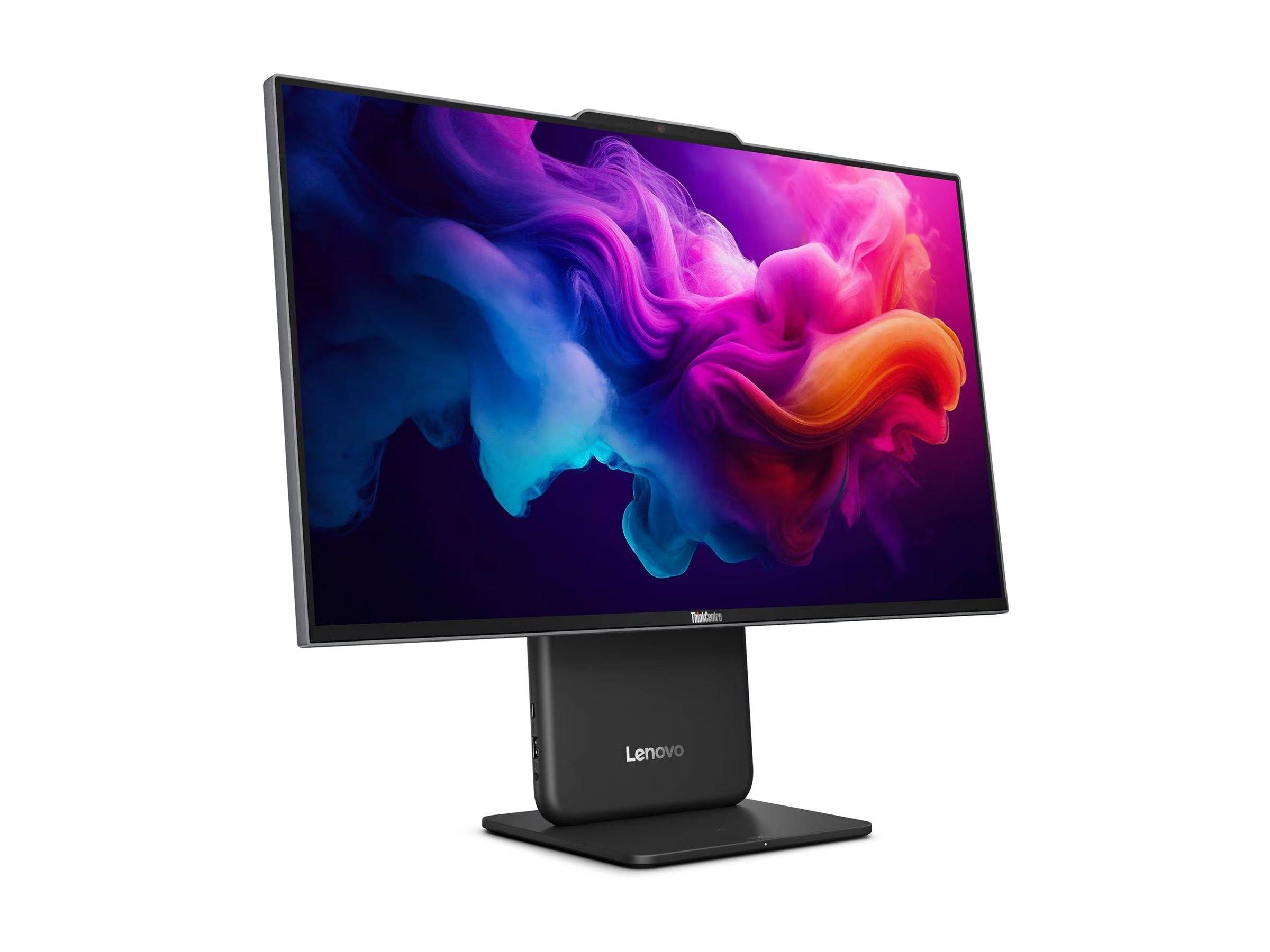 Lenovo-Desktop-Monitor mit einem bunten abstrakten Bildschirm auf einem Ständer vor weißem Hintergrund.