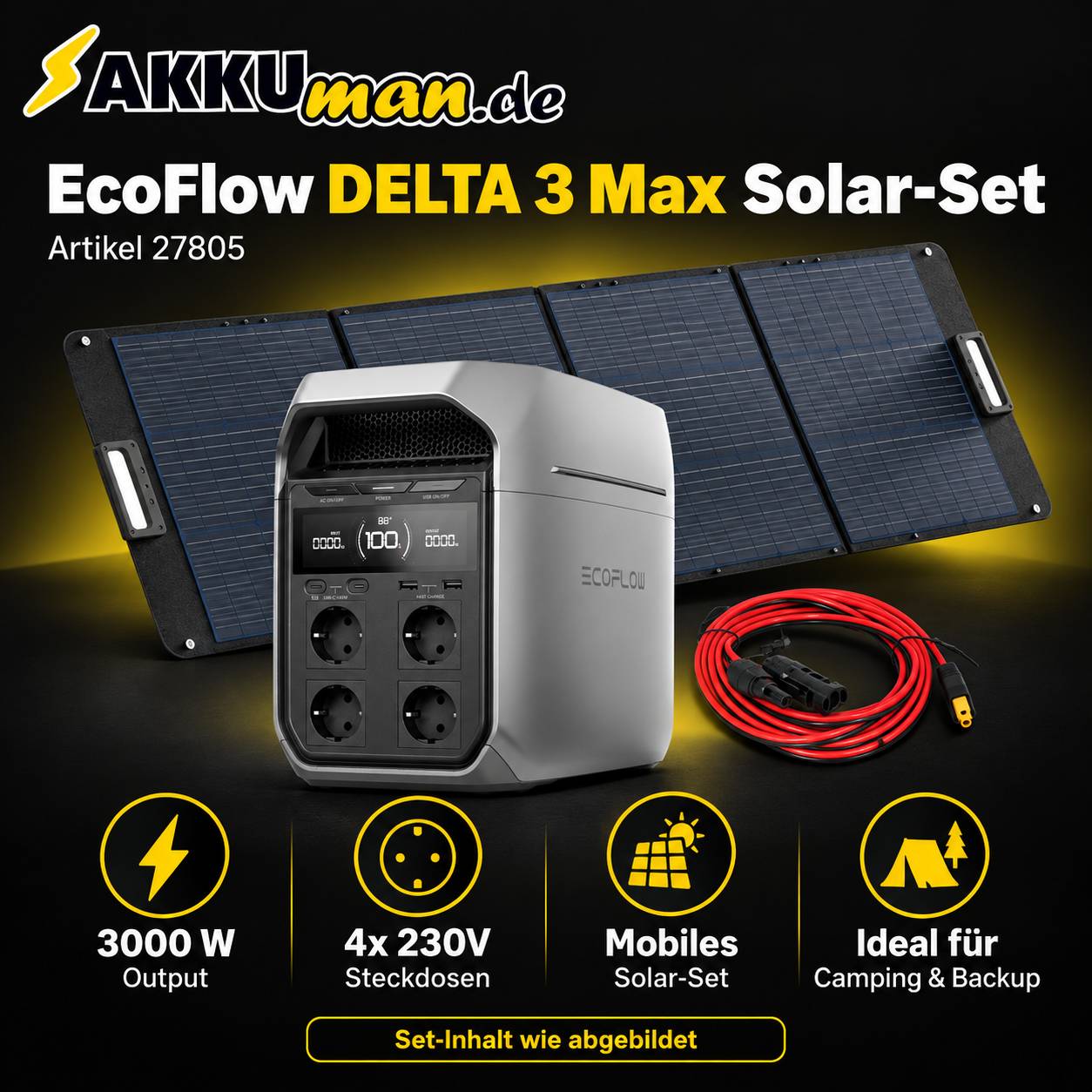 EcoFlow DELTA 3 Max Plus Solar Set 2048Wh 3000W - BMZ 200W - MC4 auf XT60 0% MwSt nach §12 Abs. 3 UstG