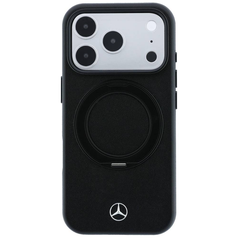 Schwarze Smartphonehülle mit integriertem MagSafe-ähnlichem Ring und Mercedes-Benz-Logo, dargestellt auf weißem Hintergrund.