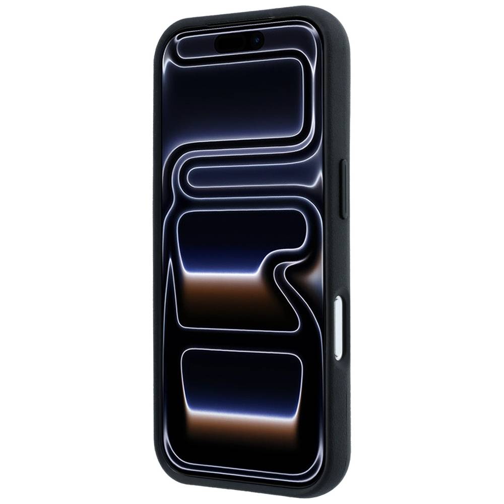 Ein schwarzes Smartphone mit einem leuchtenden abstrakten Liniendesign auf seinem Bildschirm, in einer schlanken Hülle vor weißem Hintergrund gezeigt.