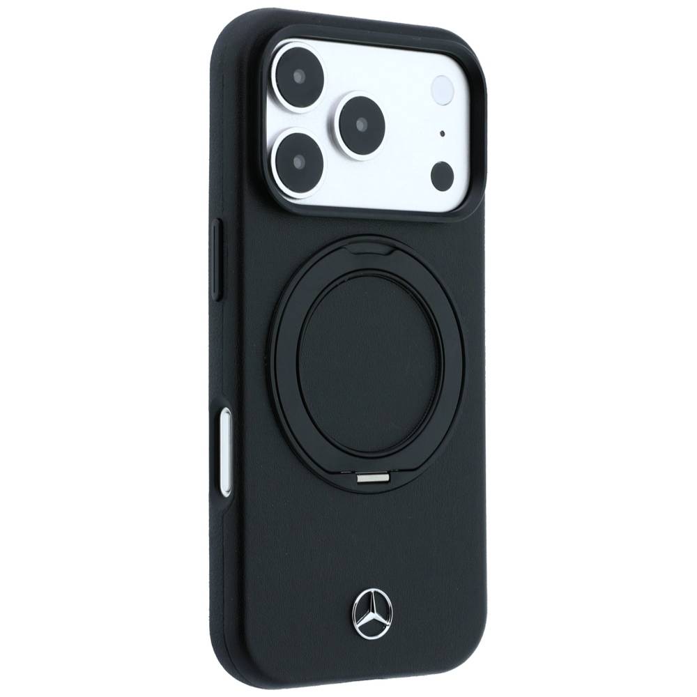 Schwarze Smartphone-Schutzhülle mit integrierter kreisförmiger magnetischer Ladehalterung und Mercedes-Benz-Logo, auf weißem Hintergrund dargestellt.