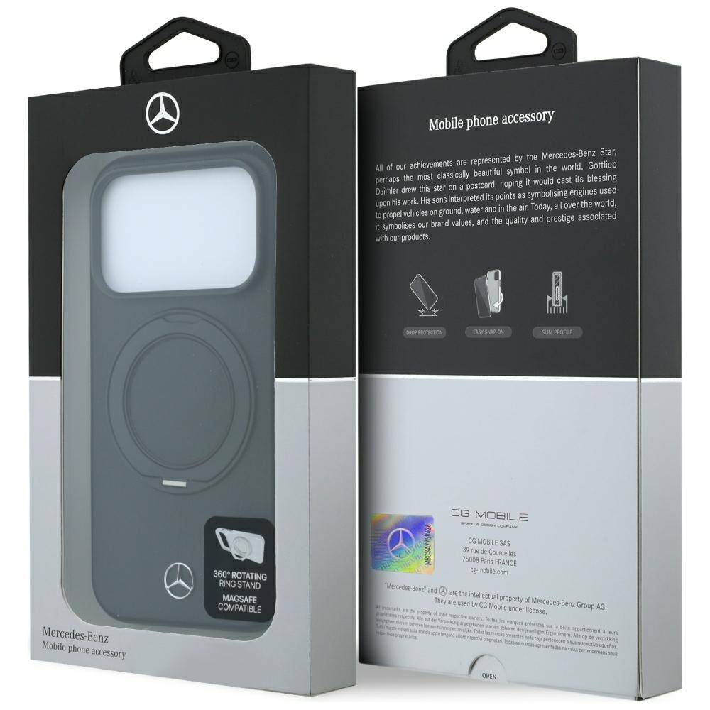 Mercedes-Benz Mobiltelefon-Zubehörverpackung mit großem Ausschnittfenster, das ein graues Etui und einen Riemen zeigt, mit der Beschriftung „MAGSAFE KOMPATIBEL".