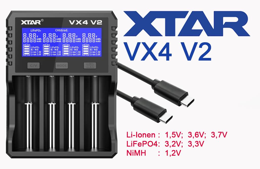 XTAR VX4 V2 Vier-Schacht-Ladegerät mit Display und USB-C-Kabeln, unterstützt Li-Ion-, LiFePO4- und NiMH-Batterien.