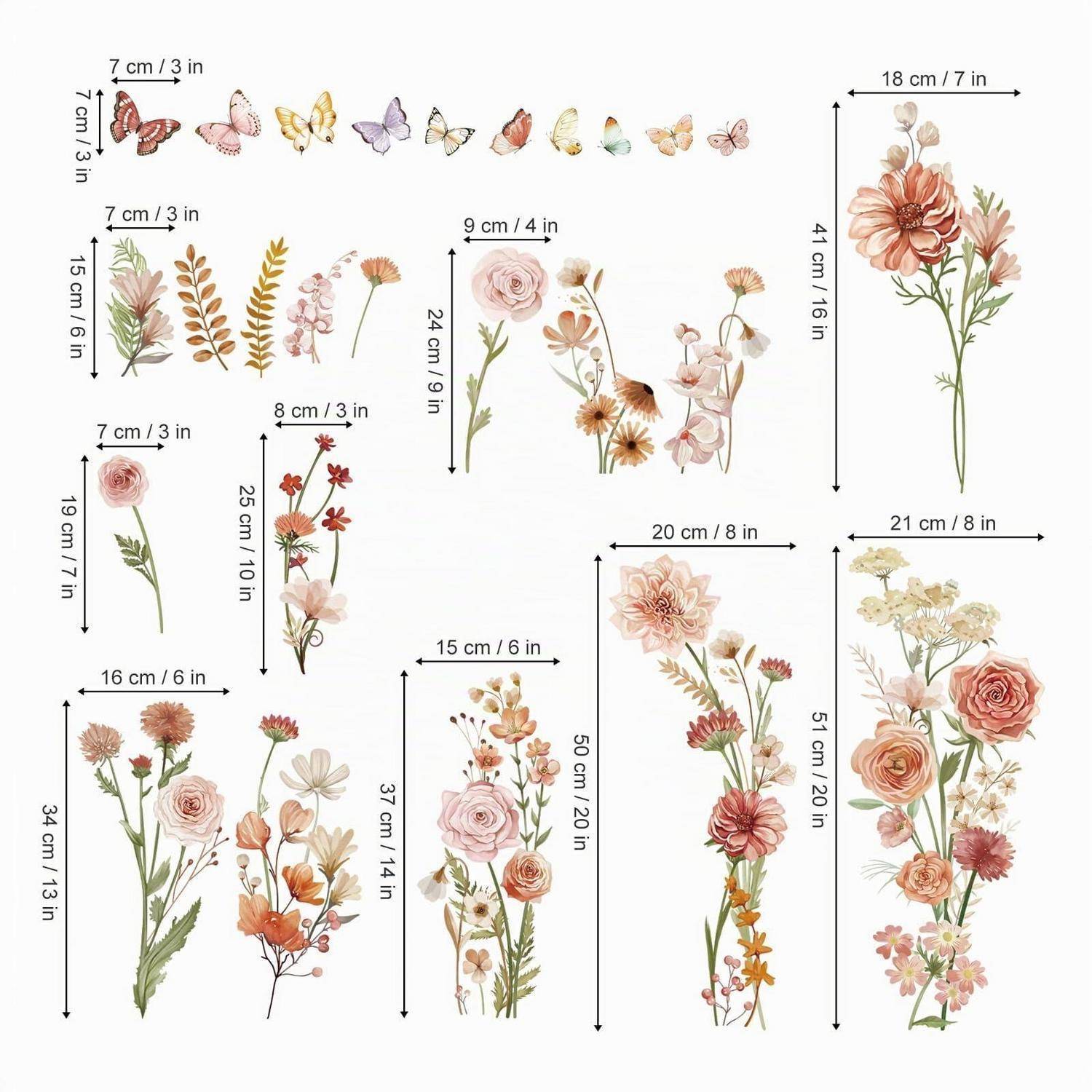 Illustration von 10 floralen und Schmetterlingsaquarell-Designsets mit Größenangaben in cm und Zoll, die die Abmessungen jedes Straußes oder Motivs zeigen.