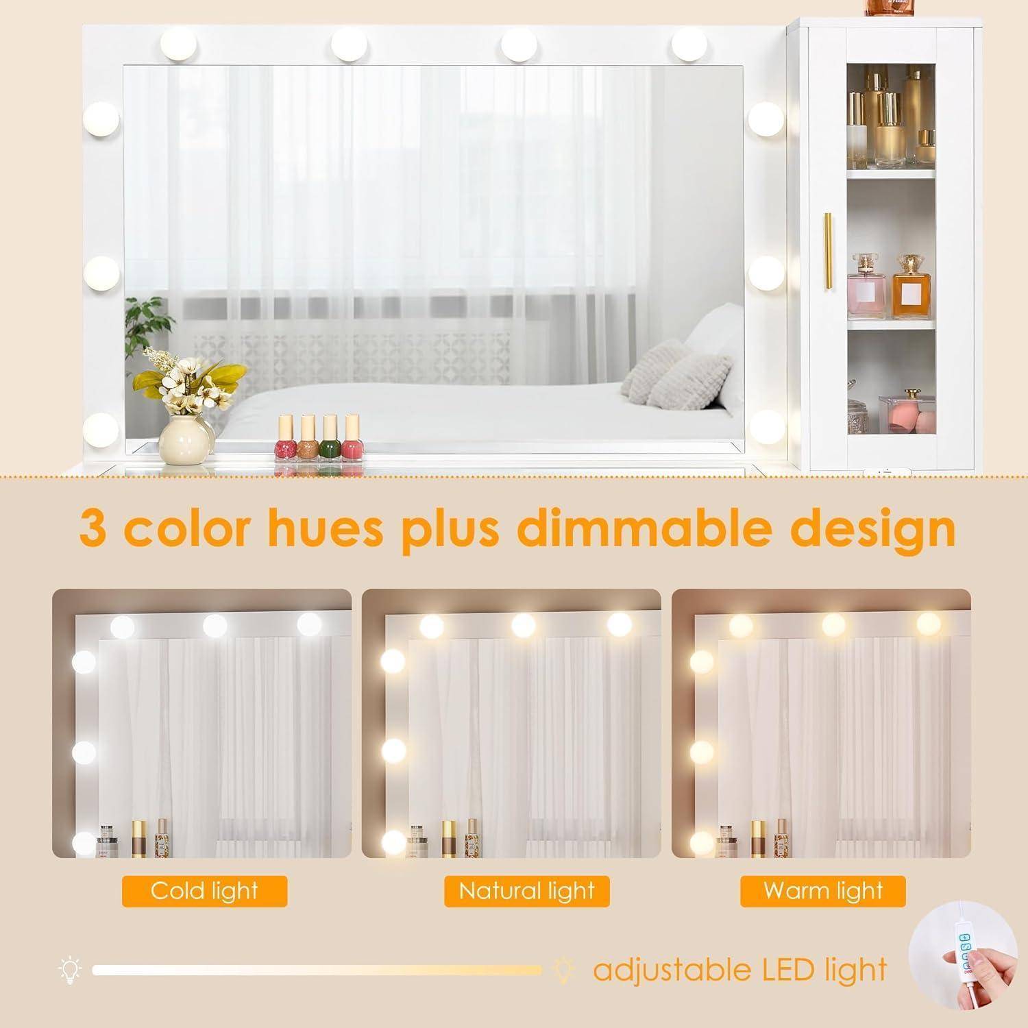 LED-Schminkspiegel mit dimmbarer Beleuchtung und drei Farbtemperaturen: kaltes, neutrales und warmes Licht.