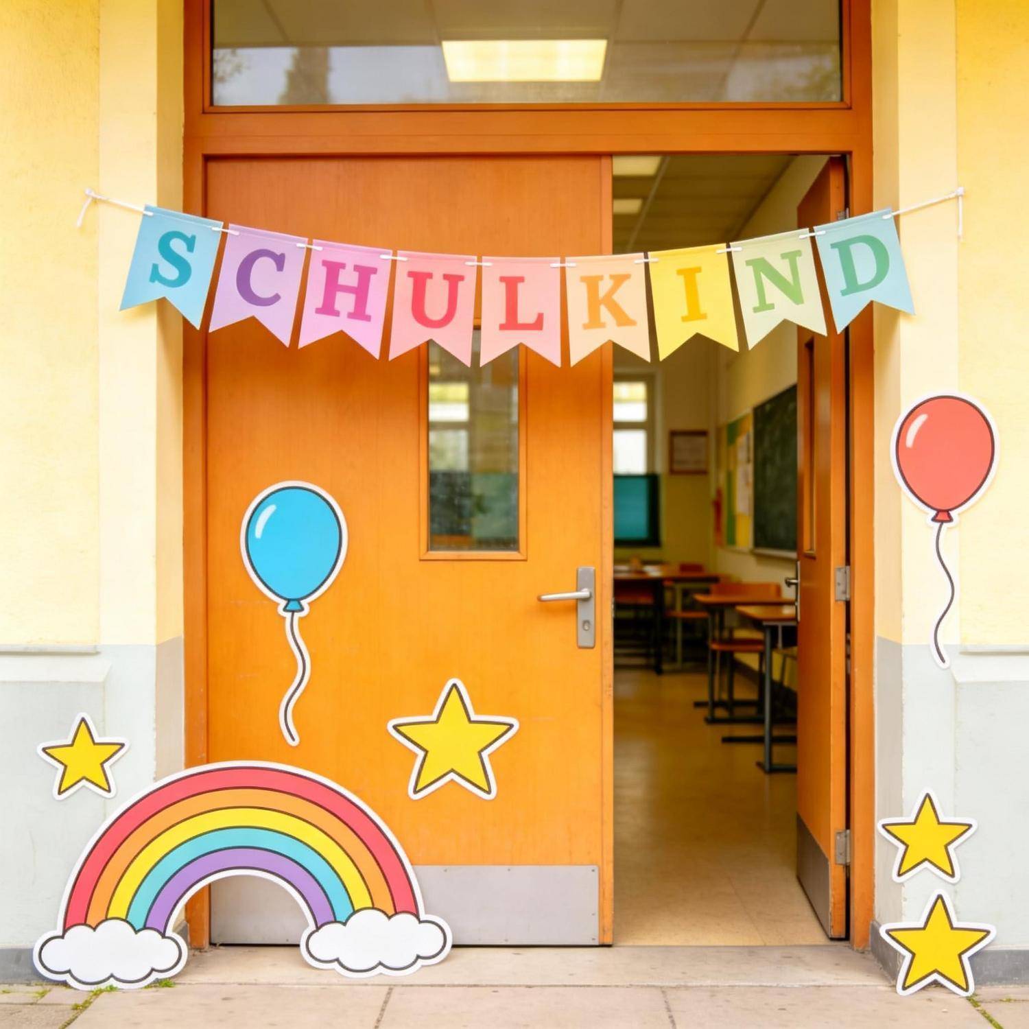 Dekorierter Klassenzimmereingang mit "SCHULKIND""-Banner, Luftballons, Sternen und einem Regenbogen, der den ersten Schultag eines Kindes feiert.