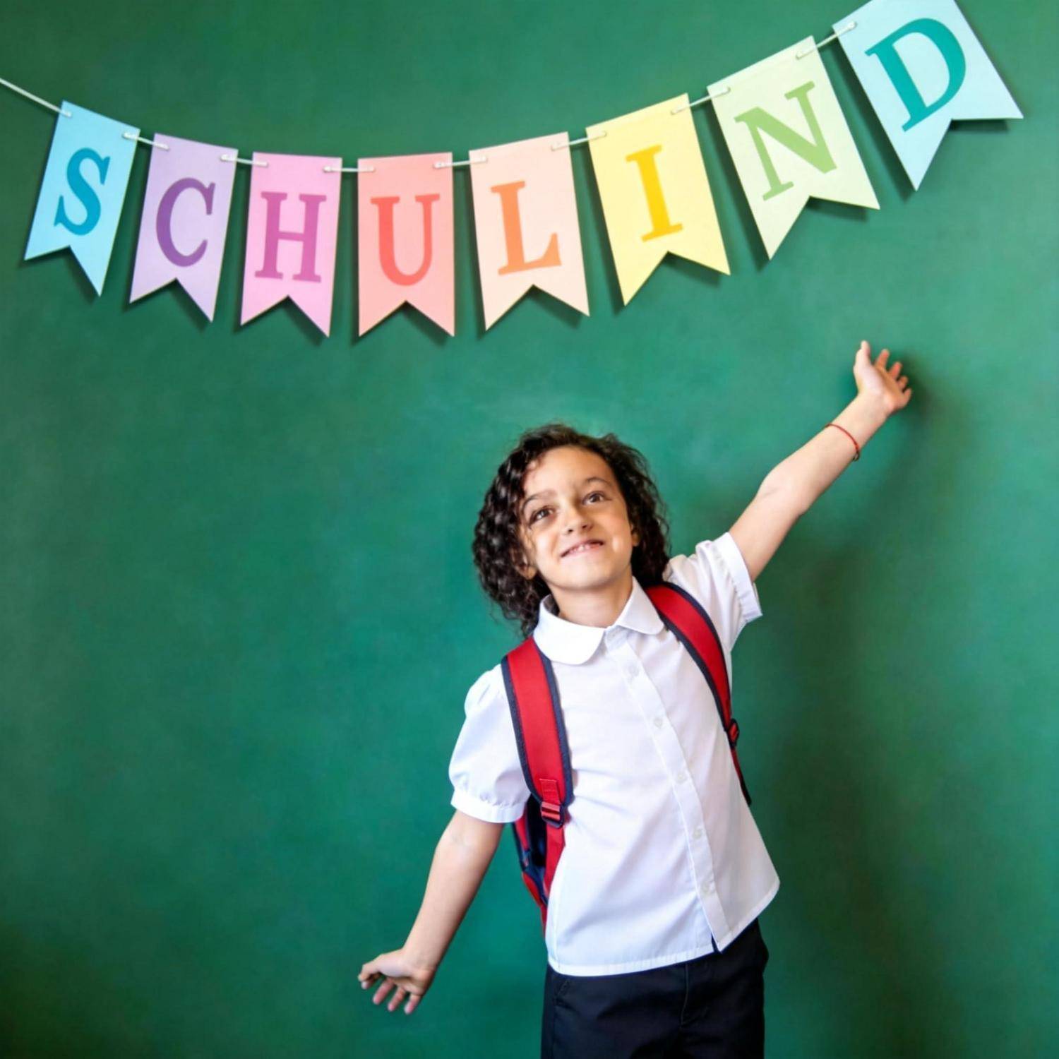 Junges Schulkind in Uniform mit Rucksack greift nach einem Banner mit der Aufschrift "SCHULDIND"" auf grünem Hintergrund.