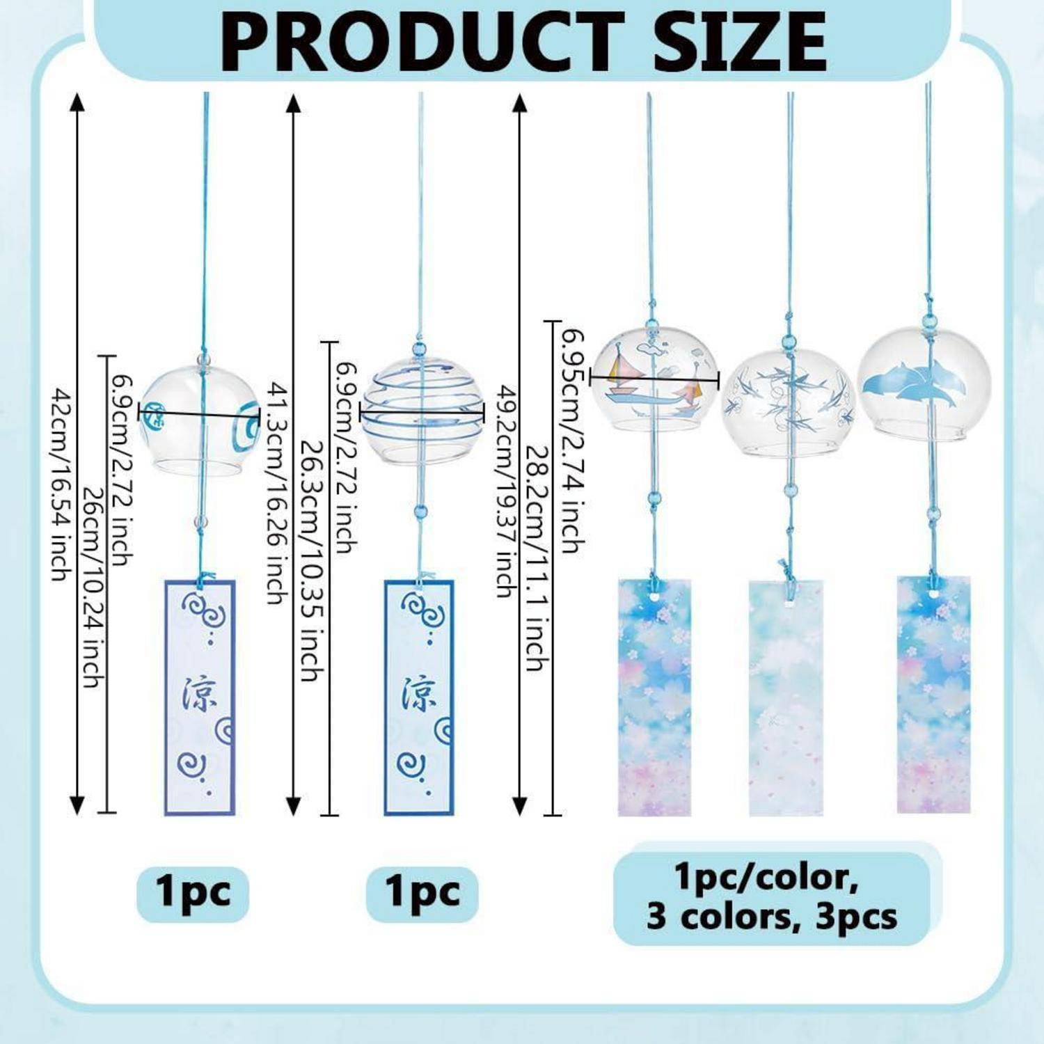 Produktgrößentabelle zeigt drei hängende Windspiele mit Maßen in cm und Zoll, beschriftet mit 1 Stück, 1 Stück und 1 Stück/Farbe, 3 Farben, 3 Stück.