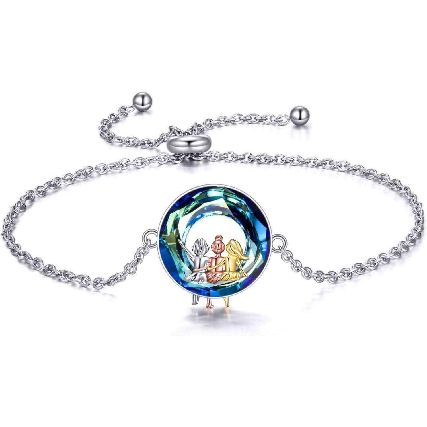 Armband 925 Sterling Silber Herz Schwester Blauer Kristall