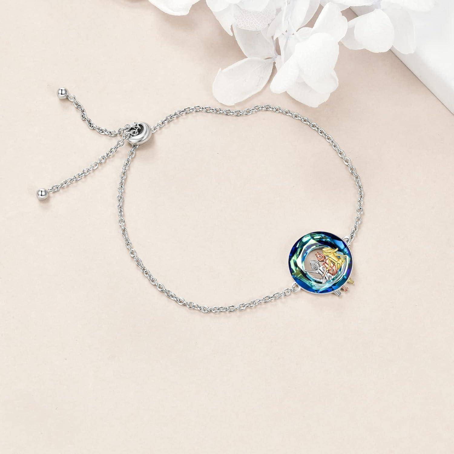 Armband 925 Sterling Silber Herz Schwester Blauer Kristall
