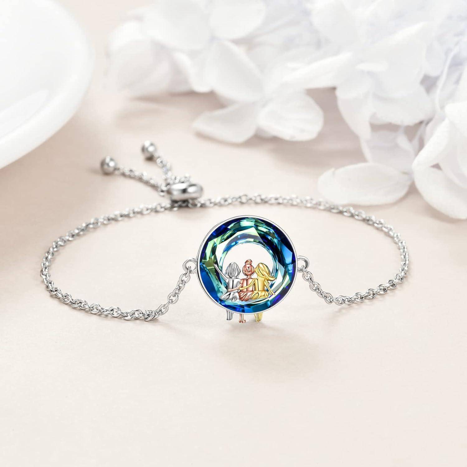 Armband 925 Sterling Silber Herz Schwester Blauer Kristall