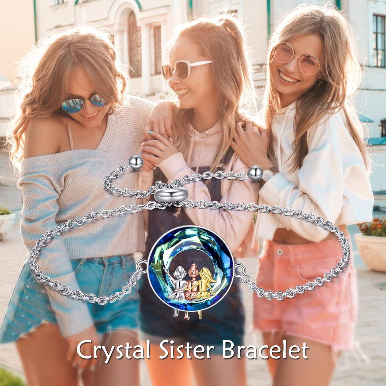 Armband 925 Sterling Silber Herz Schwester Blauer Kristall