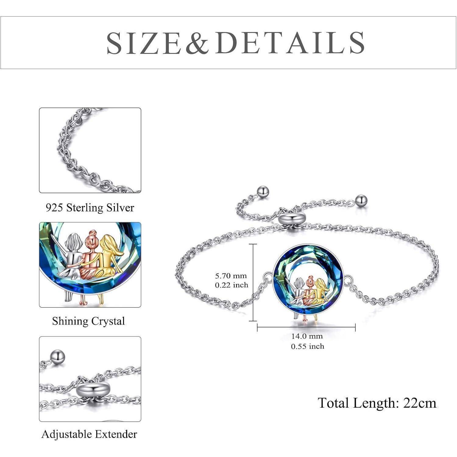 Armband 925 Sterling Silber Herz Schwester Blauer Kristall