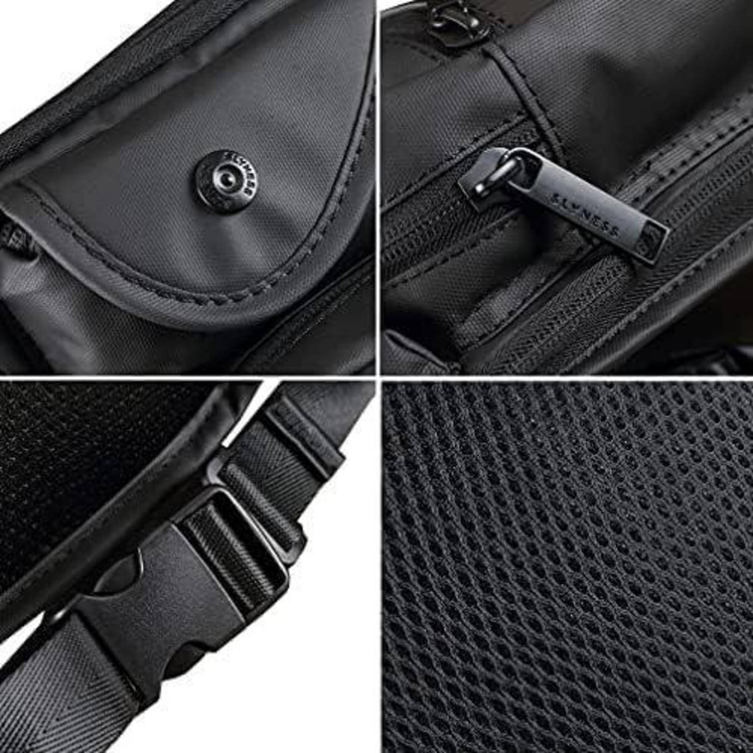 Nahaufnahme-Collage einer schwarzen Tasche mit Druckknopflasche, Reißverschlusstasche, verstellbarem Schnallengurt und strukturiertem Netzmaterial.