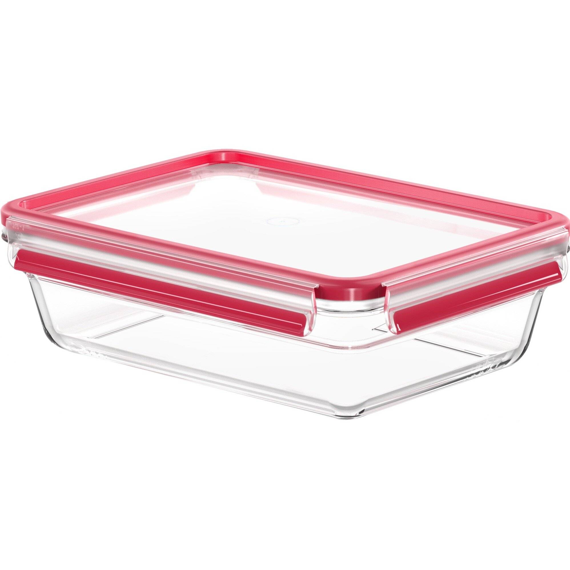 Klarer rechteckiger Glasbehälter für Lebensmittel mit rosa verschließbarem Deckel auf weißem Hintergrund.