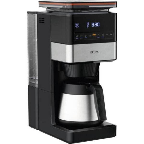 Schwarze KRUPS-Kaffeemaschine mit digitaler Anzeige und Glaskanne, auf weißem Hintergrund dargestellt.