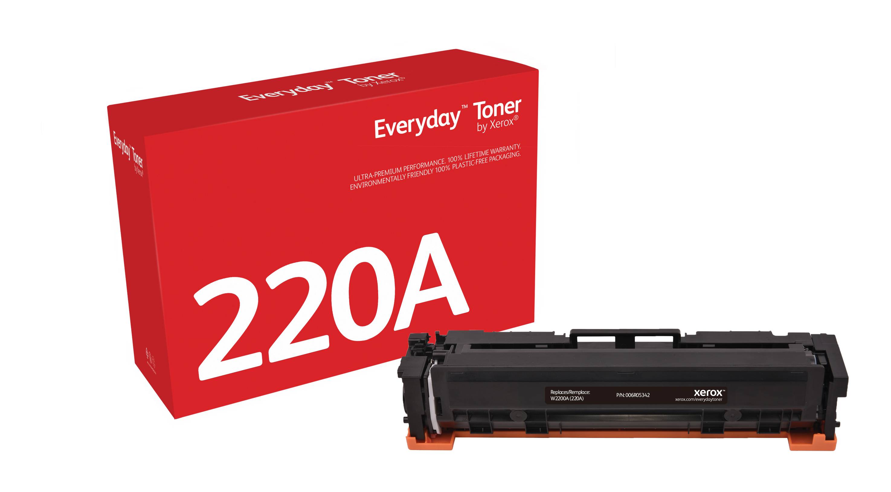 Rote Xerox Everyday Toner 220A Schachtel neben einer schwarzen Tonerpatrone auf weißem Hintergrund.