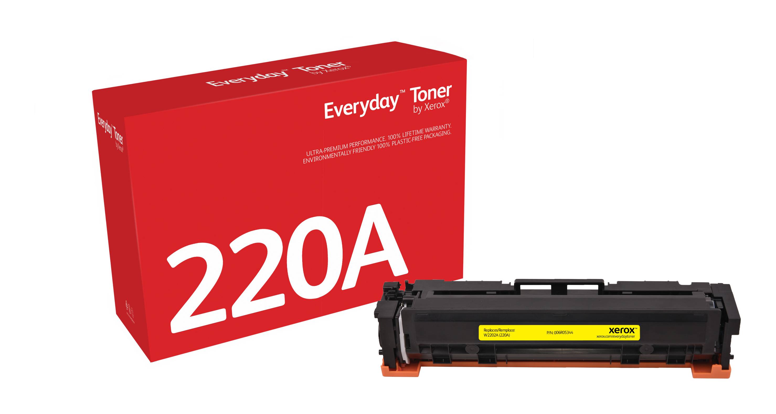 Xerox Everyday Toner 220A-Kartusche neben ihrer roten Produktverpackung auf weißem Hintergrund.
