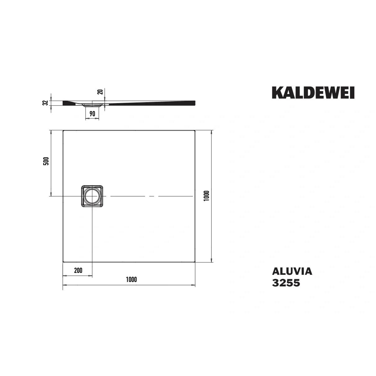 Technische Produktzeichnung einer Kaldewei Aluvia 3255 Duschwanne, zeigt einen quadratischen Grundriss von 1000 x 1000 mm mit Ablaufposition und Seitenprofilabmessungen.