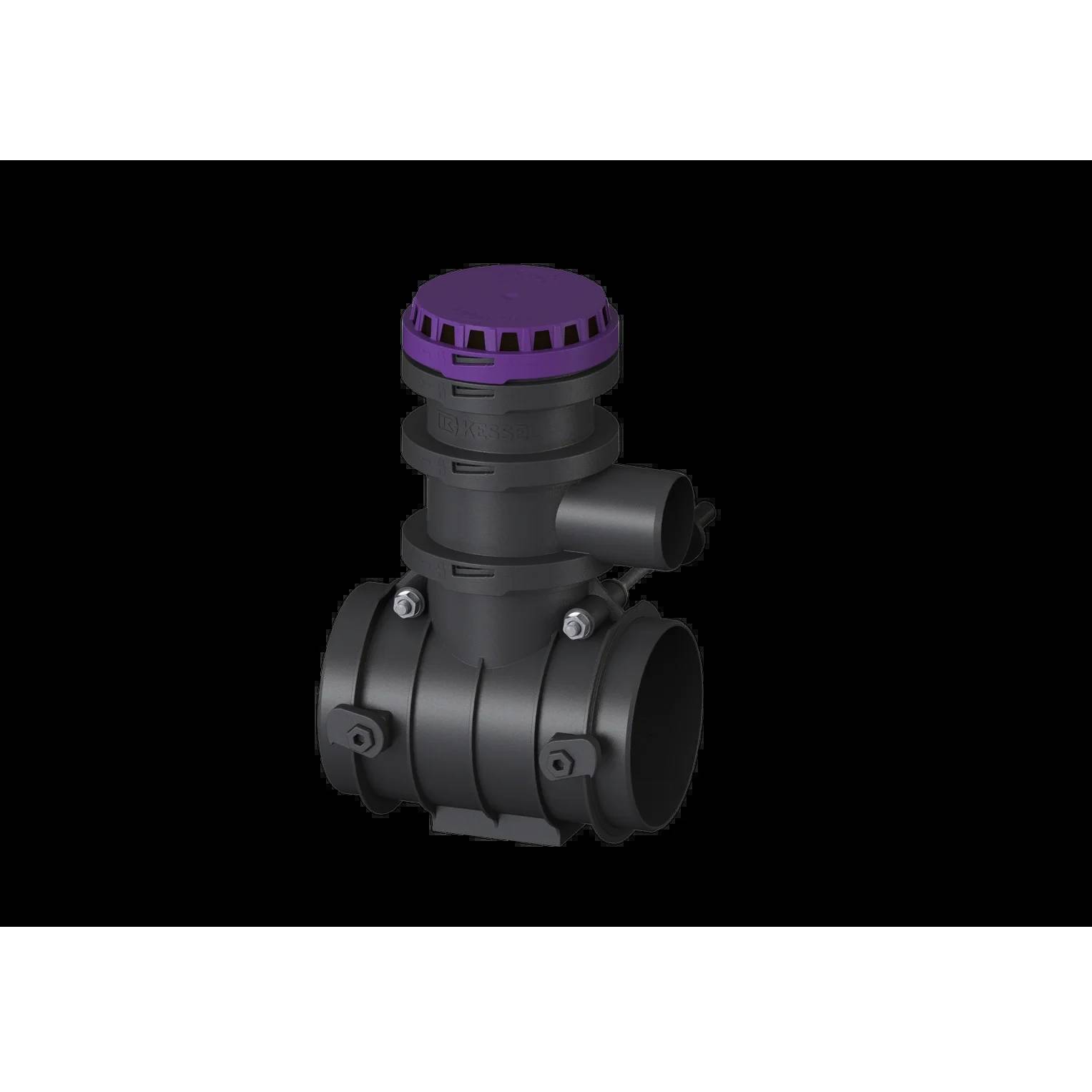 3D-Darstellung eines schwarzen industriellen Ventils oder Rohranschlusses mit einer violetten Kappe, isoliert auf dunklem Hintergrund dargestellt.